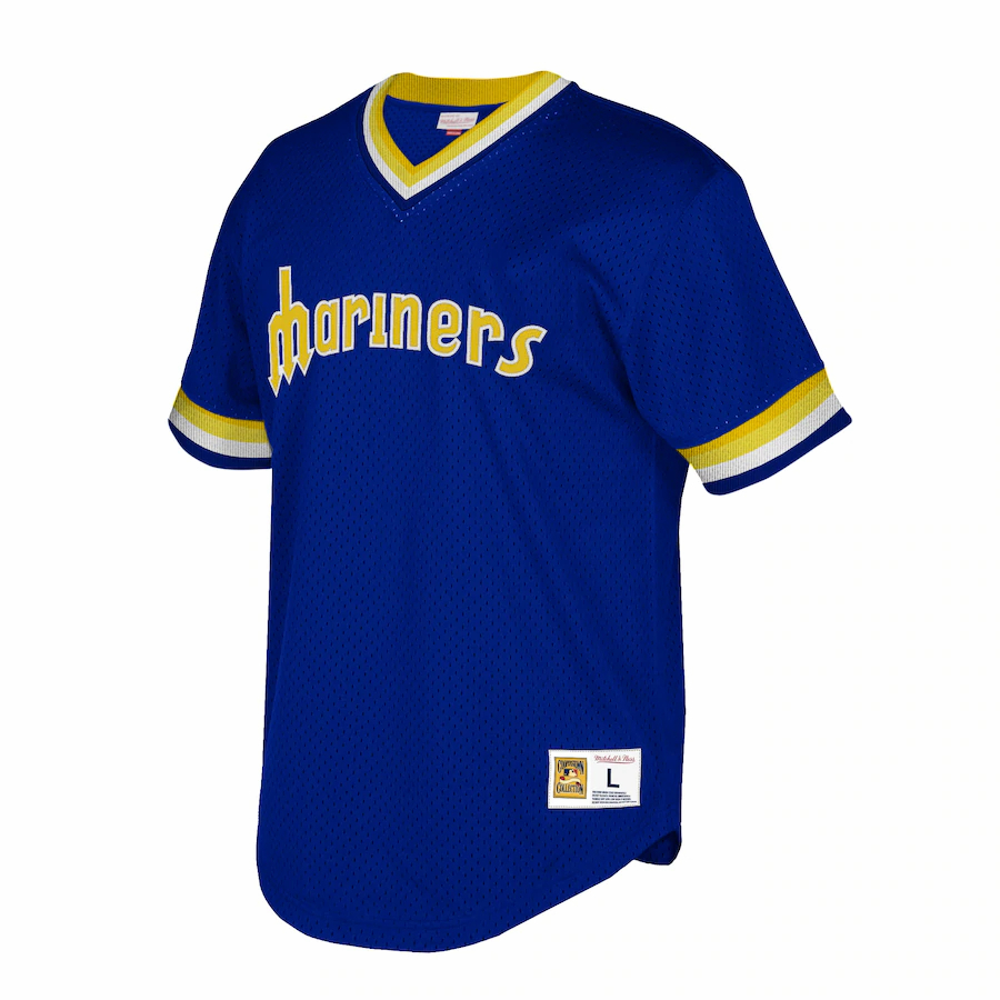 Alternative view of Seattle Mariners Mitchell And Ness Big And Tall Cooperstown Collection Mesh Wordmark V-neck Jersey - Royal