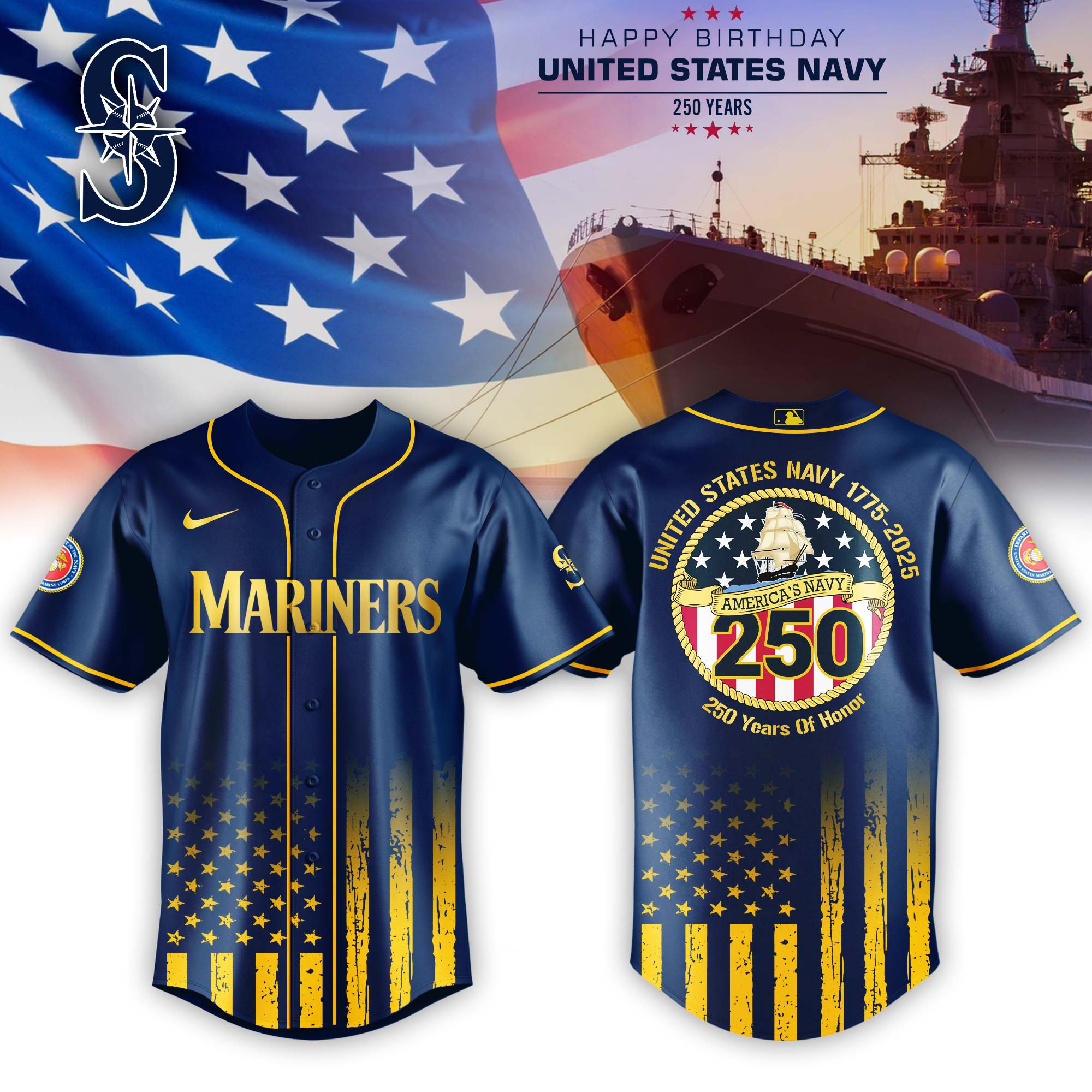 Seattle Mariners Mlb X Usa Happy Birthday Usa Navy Custom Baseball Jersey