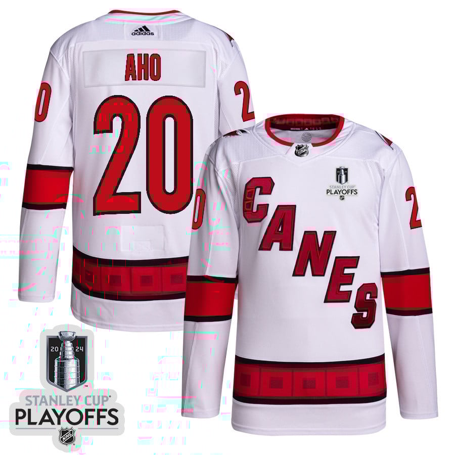 Sebastian Aho 20 Carolina Hurricanes 2024 NHL Playoffs Patch Away Jersey - Men, White - JS664 