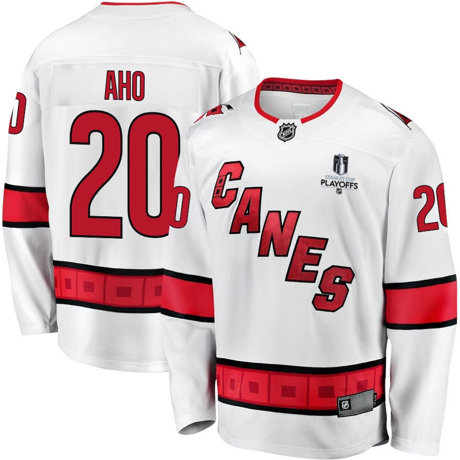 Sebastian Aho 20 Carolina Hurricanes Stanley Cup 2023 Playoffs Patch Away Breakaway Men Jersey - White - JS288 