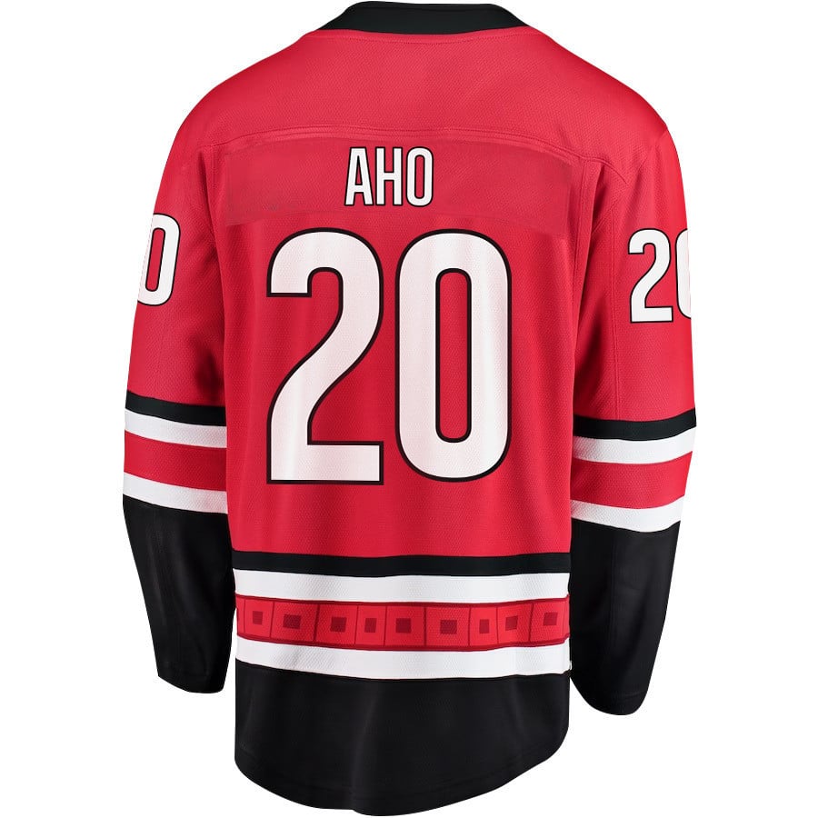 Alternative view of Sebastian Aho 20 Carolina Hurricanes Stanley Cup 2023 Playoffs Patch Home Breakaway Men Jersey - Red - JS646 