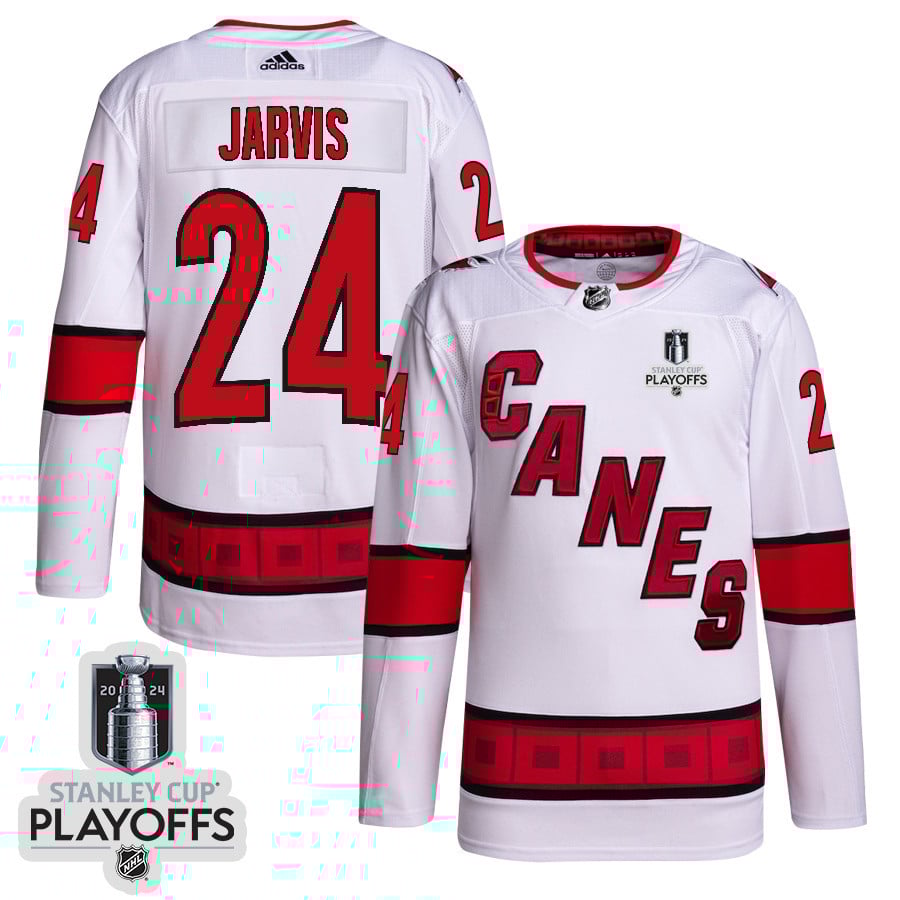 Seth Jarvis 24 Carolina Hurricanes 2024 NHL Playoffs Patch Away Jersey - Men, White - JS332 