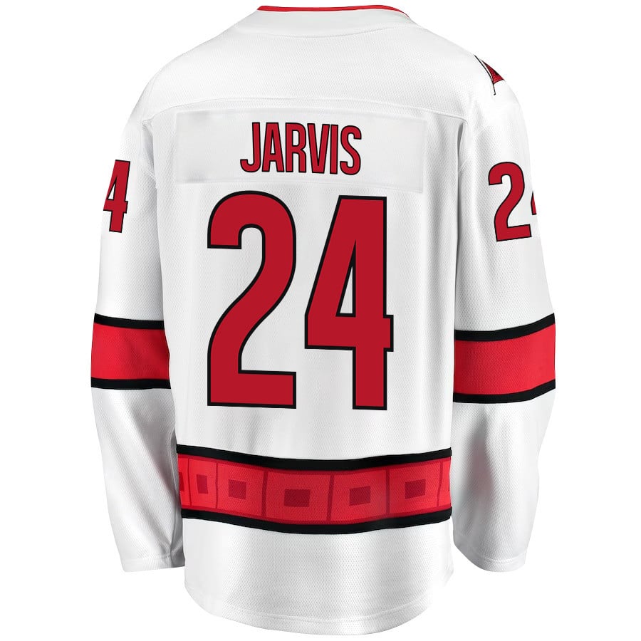Alternative view of Seth Jarvis 24 Carolina Hurricanes Stanley Cup 2023 Playoffs Patch Away Breakaway Men Jersey - White - JS379 