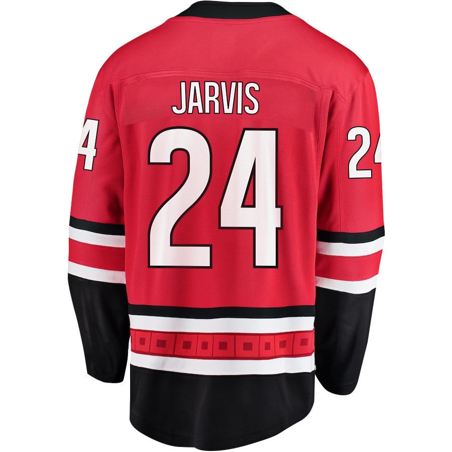 Alternative view of Seth Jarvis 24 Carolina Hurricanes Stanley Cup 2023 Playoffs Patch Home Breakaway Men Jersey - Red - JS594 