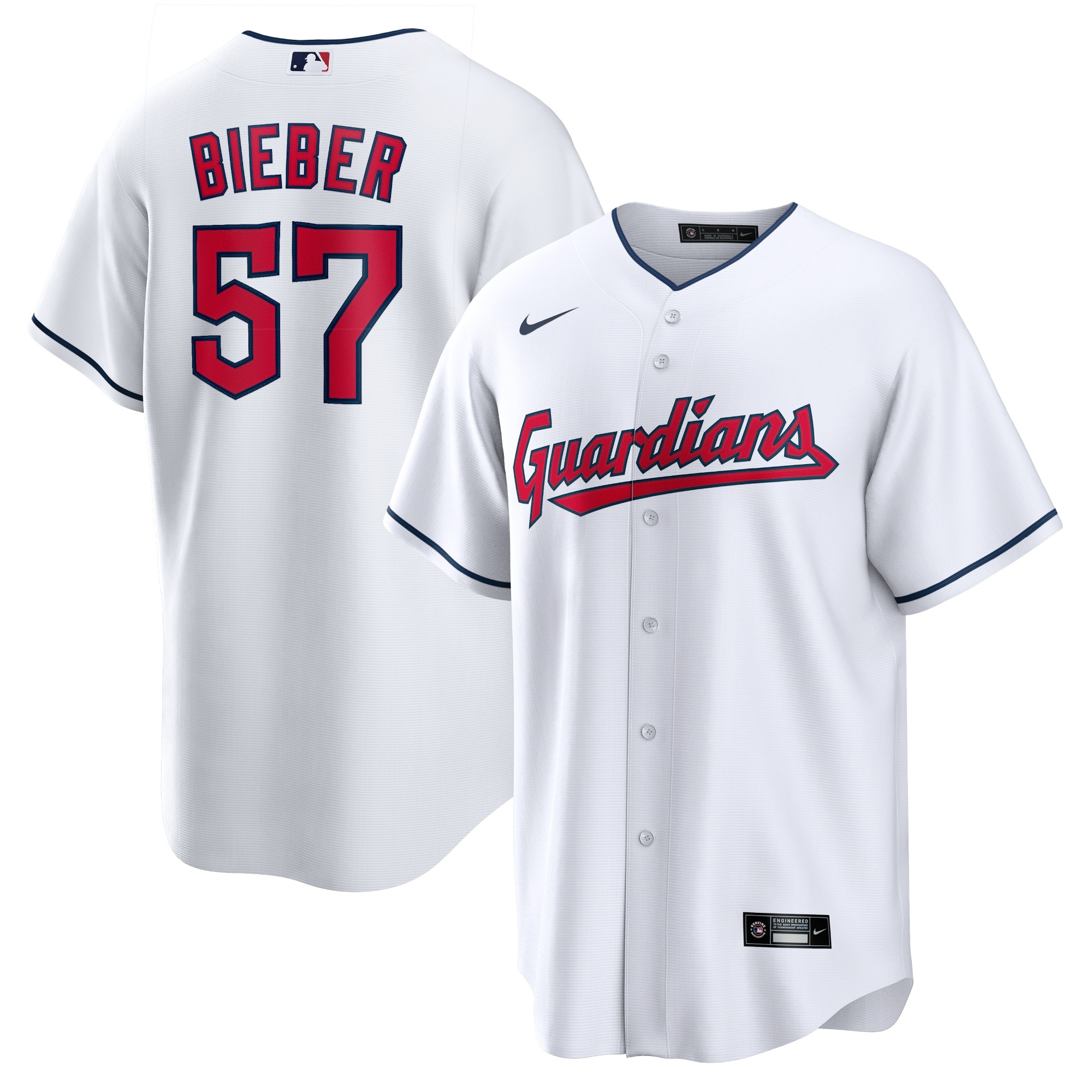Alternative view of Shane Bieber Cleveland Guardians Replica Player Jersey – White