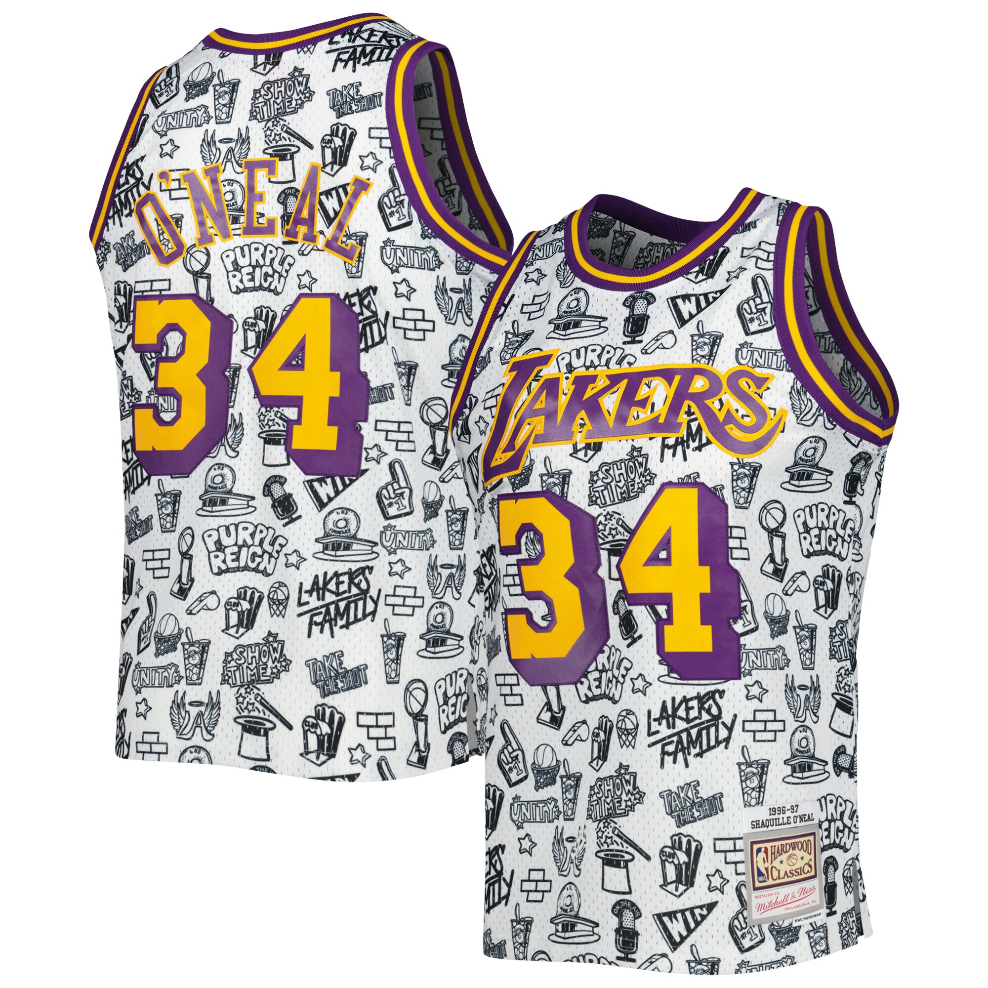 Shaquille O'neal Los Angeles Lakers Mitchell & Ness 1996/97 Hardwood Classics Doodle Swingman Jersey - White
