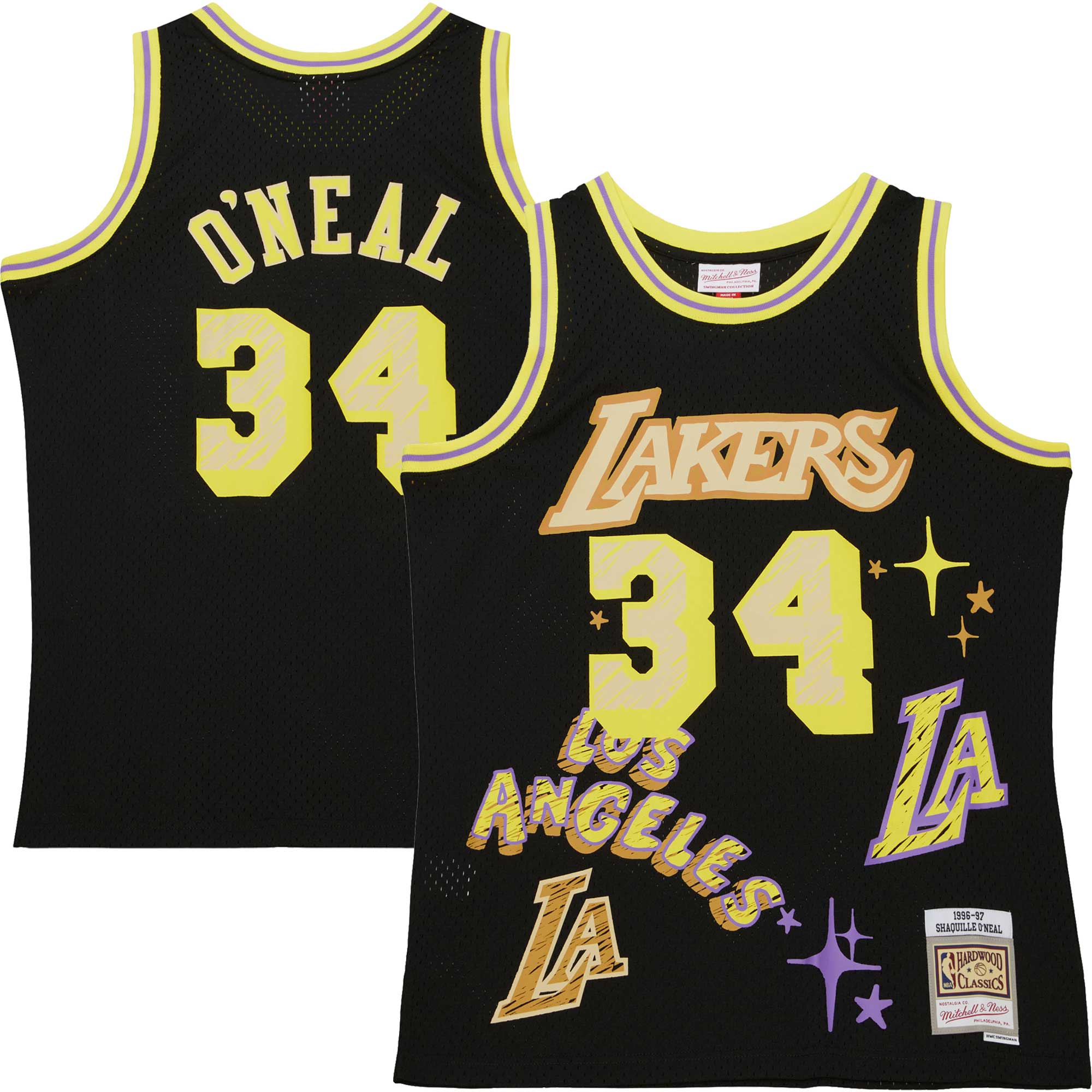 Alternative view of Shaquille O'neal Los Angeles Lakers Mitchell & Ness 1996/97 Swingman Sidewalk Sketch Jersey - Black