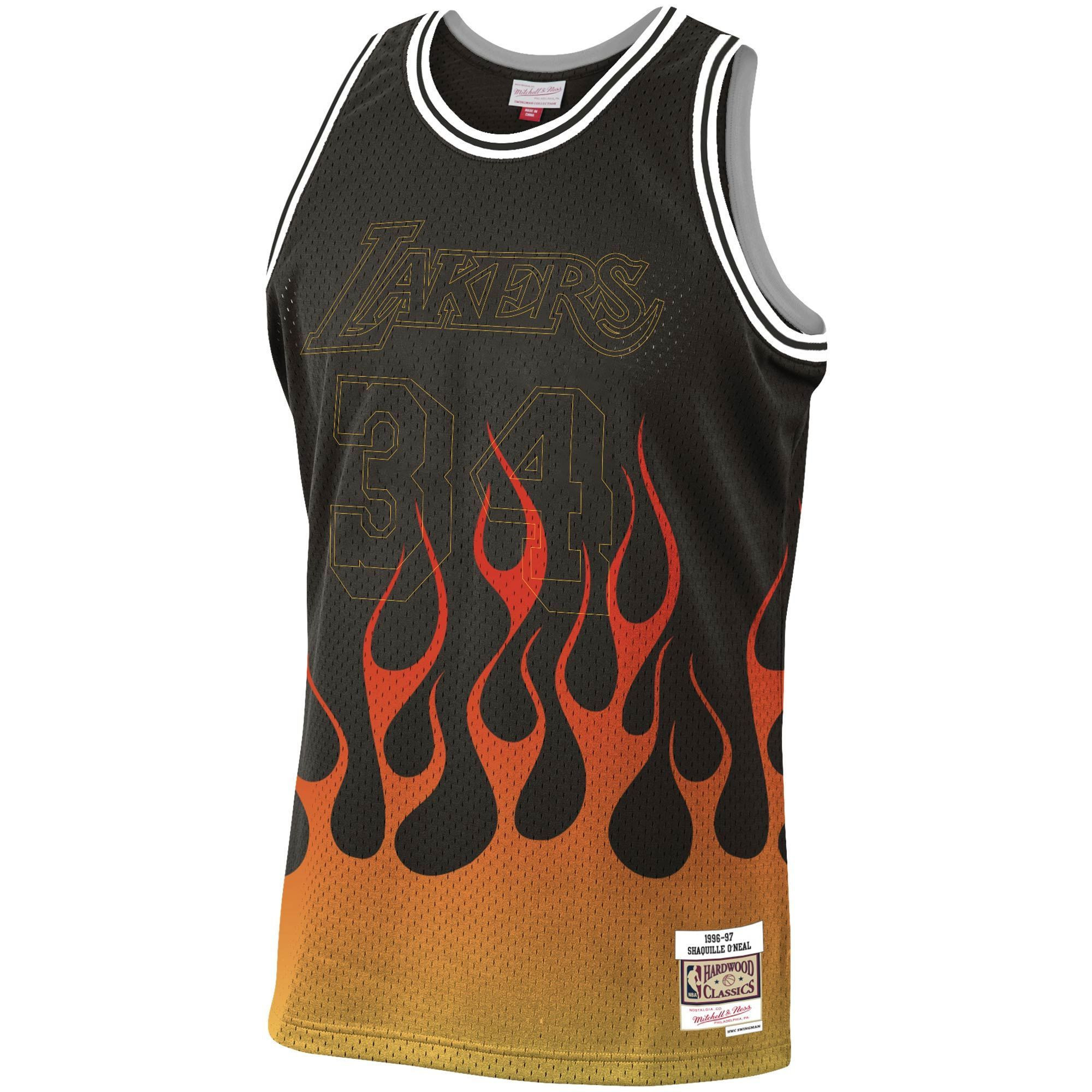 Alternative view of Shaquille O'neal Los Angeles Lakers Mitchell & Ness 1996-97 Hardwood Classics Flames Swingman Jersey – Black - JS822 