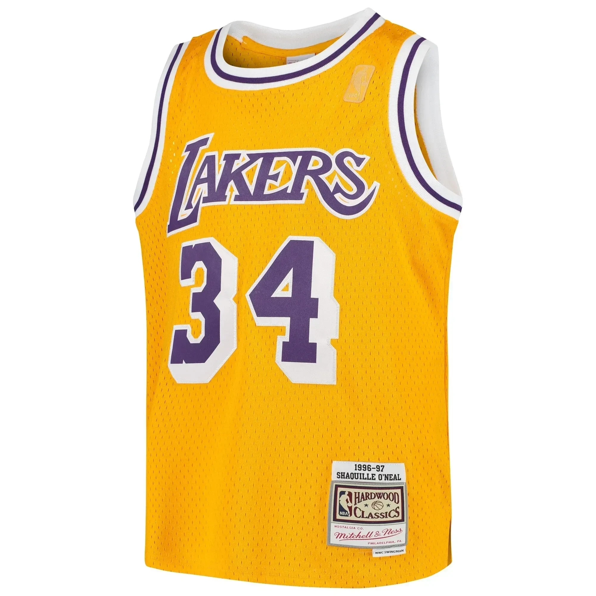 Alternative view of Shaquille O'neal Los Angeles Lakers Mitchell & Ness Youth Swingman Throwback Jersey - Gold - JS138 