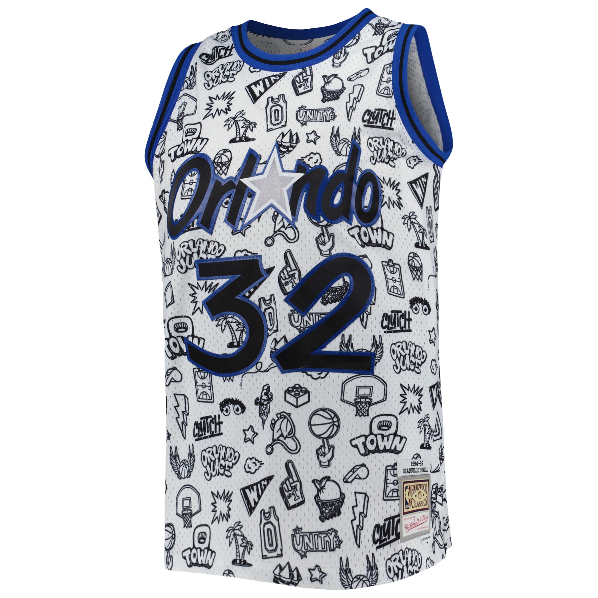 Alternative view of Shaquille O'neal Orlando Magic Mitchell & Ness 1994/95 Hardwood Classics Doodle Swingman Jersey - White