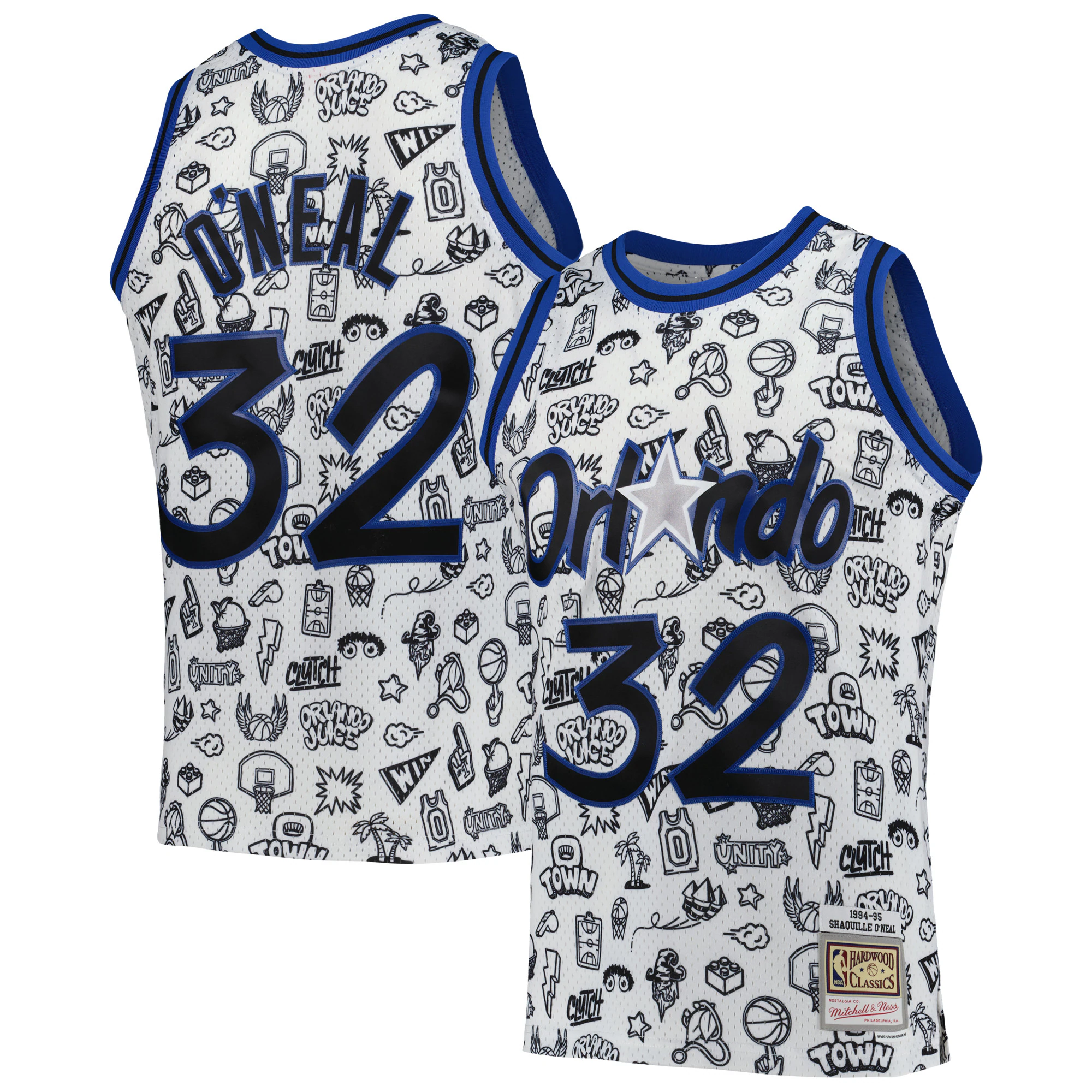Shaquille O'neal Orlando Magic Mitchell & Ness 1994/95 Hardwood Classics Doodle Swingman Player Jersey - White
