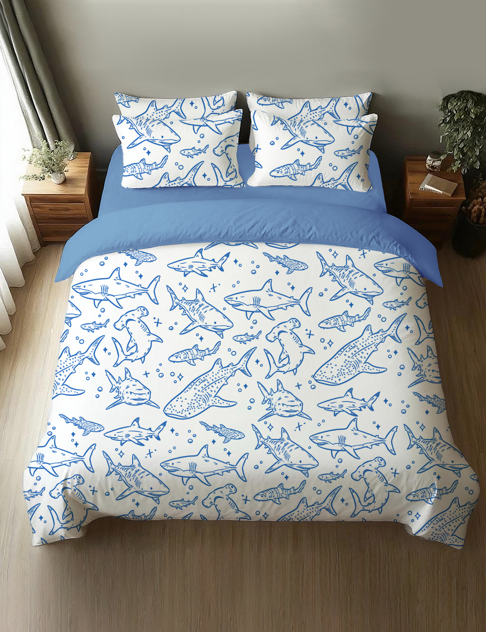 Shark Respect The Locals Hand Drawn Shark Summer Beach Travel Four-Piece Bedding Set