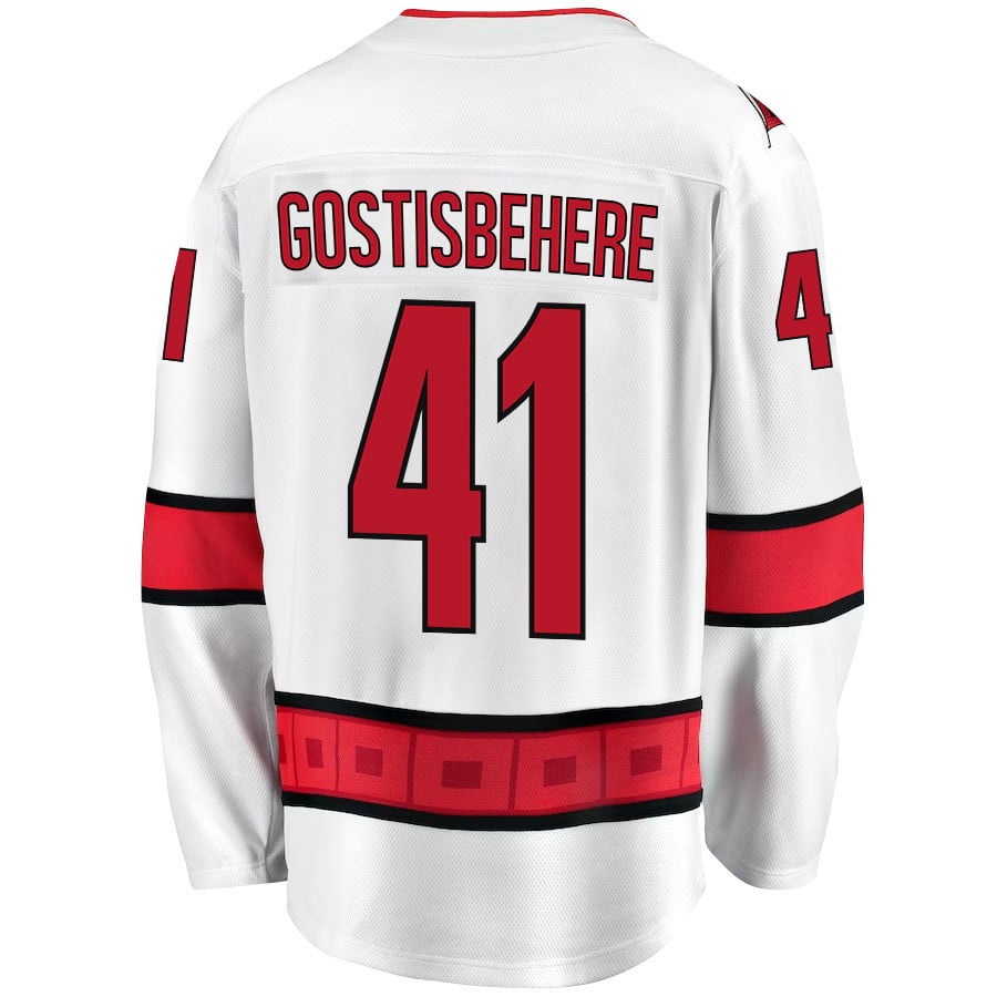 Alternative view of Shayne Gostisbehere 41 Carolina Hurricanes Stanley Cup 2023 Playoffs Patch Away Breakaway Men Jersey - White - JS337 