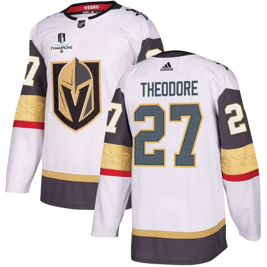 Shea Theodore 27 Vegas Golden Knights Stanley Cup 2023 Champions Patch Away Breakaway Men Jersey - White - JS391 