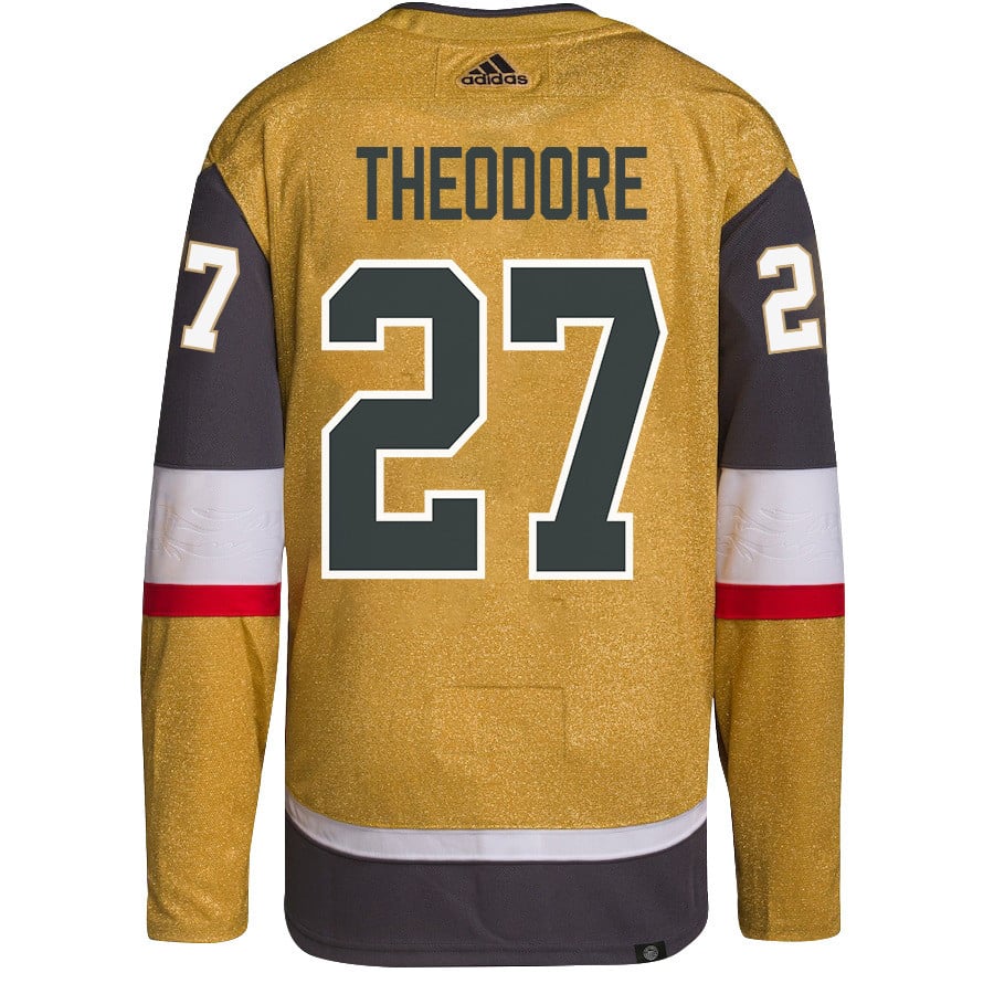 Alternative view of Shea Theodore 27 Vegas Golden Knights Stanley Cup 2023 Champions Patch Home Breakaway Men Jersey - Gold - JS882 