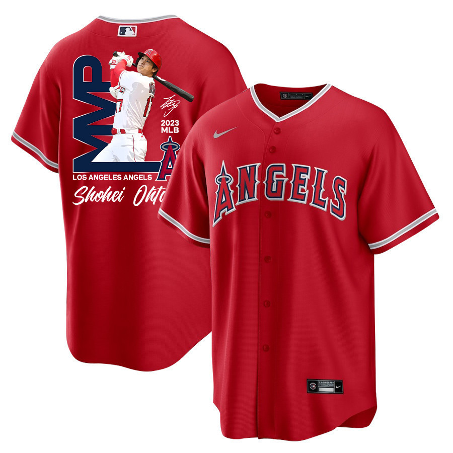 Shohei Ohtani 17 Los Angeles Angels Signed MVP 2023 Alternate Player Men Jersey - Red 