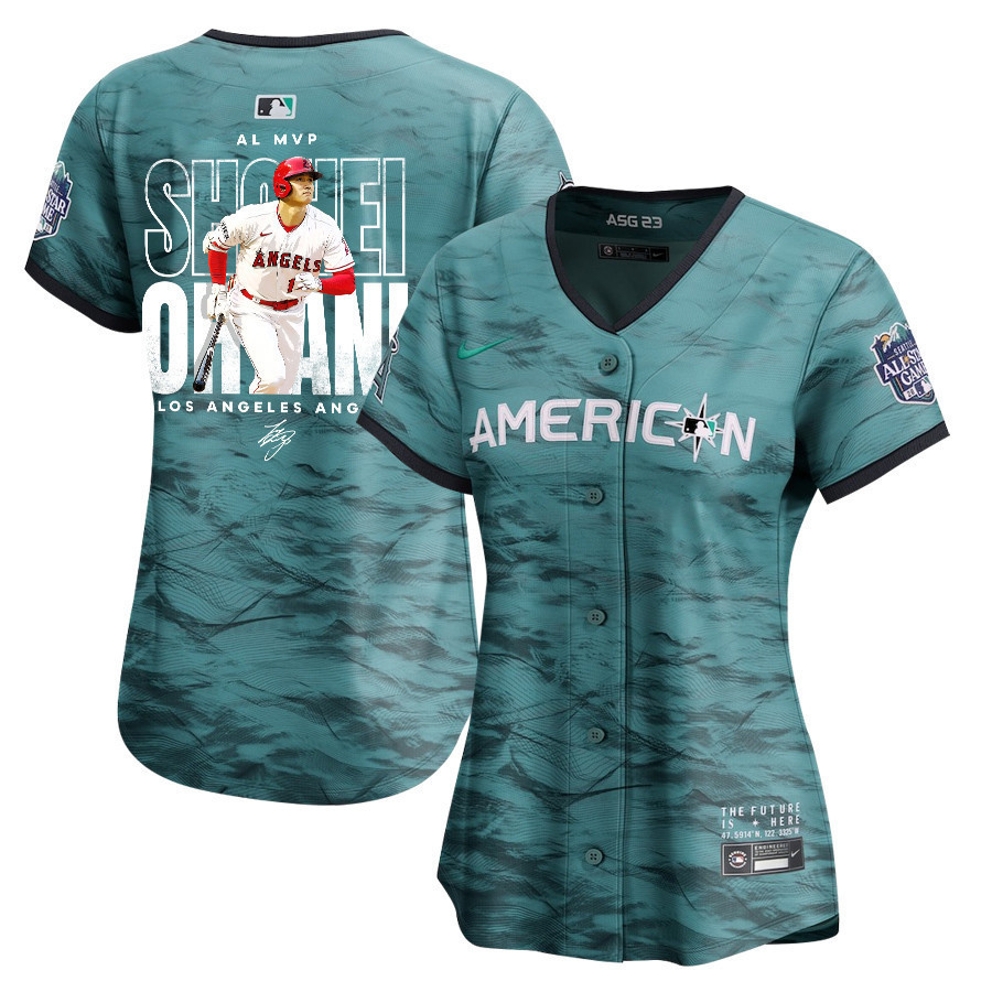 Shohei Ohtani 17 Los Angeles Angels Signed Name 2023 All-Star Game Limited Player Women Jersey - Teal 