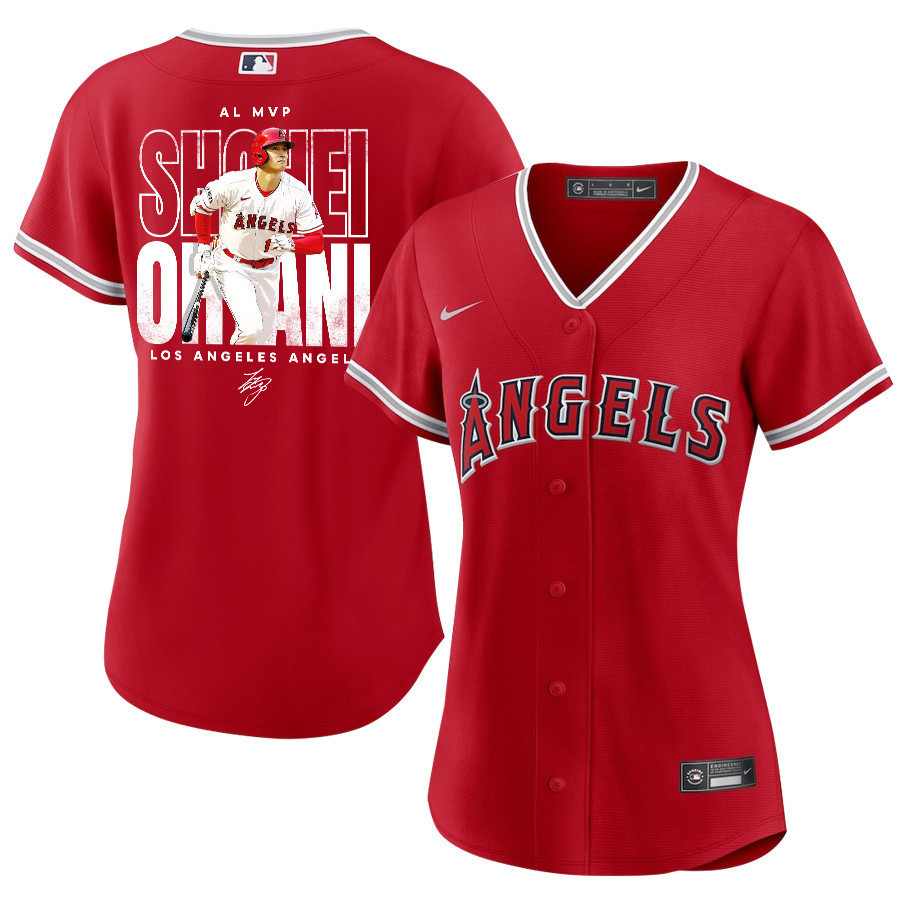 Shohei Ohtani 17 Los Angeles Angels Signed Name 2023 Alternate Player Women Jersey - Red 