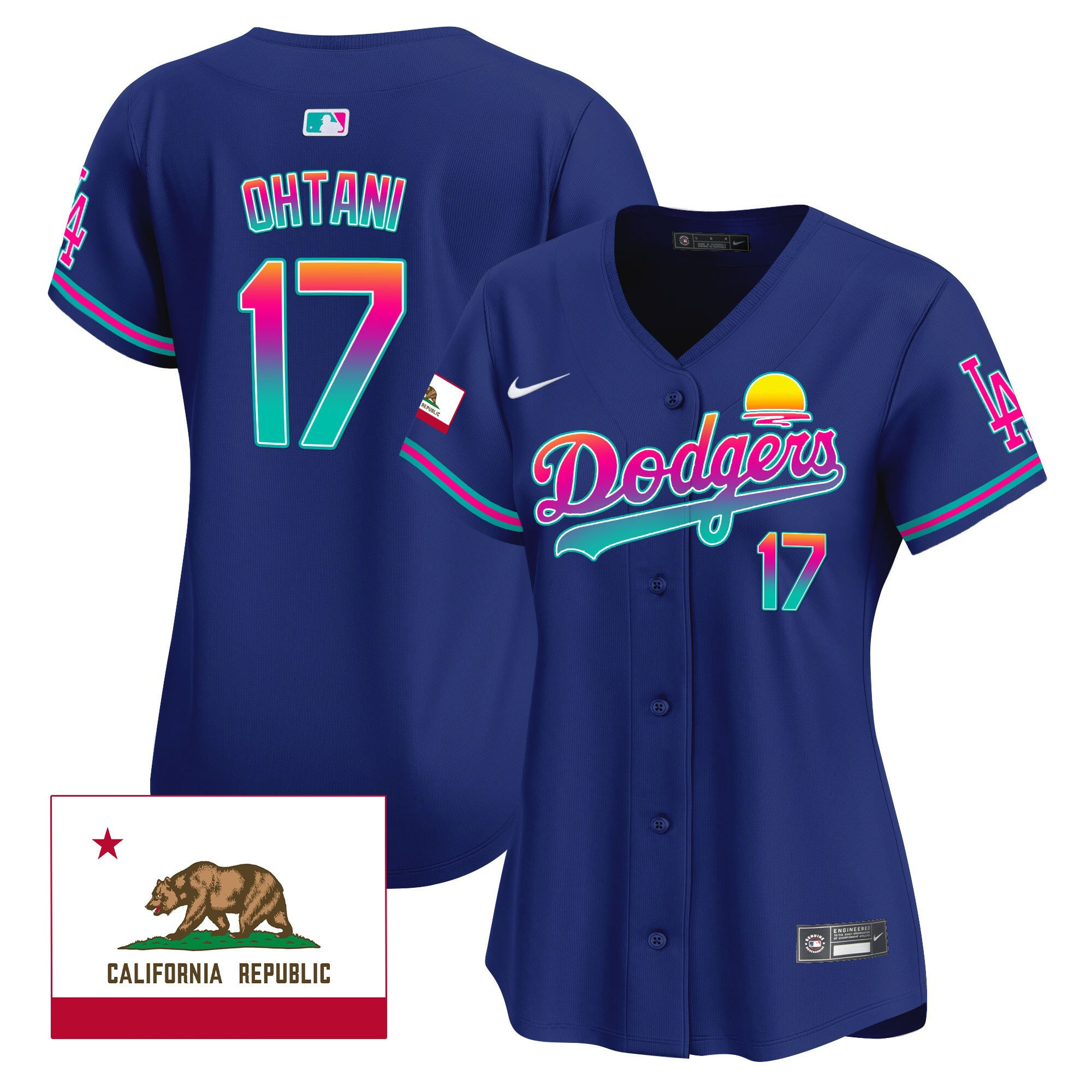 Shohei Ohtani 17 Los Angeles Dodgers 2024 Los Angeles City Style California Republic Patch Women Jersey - Royal 