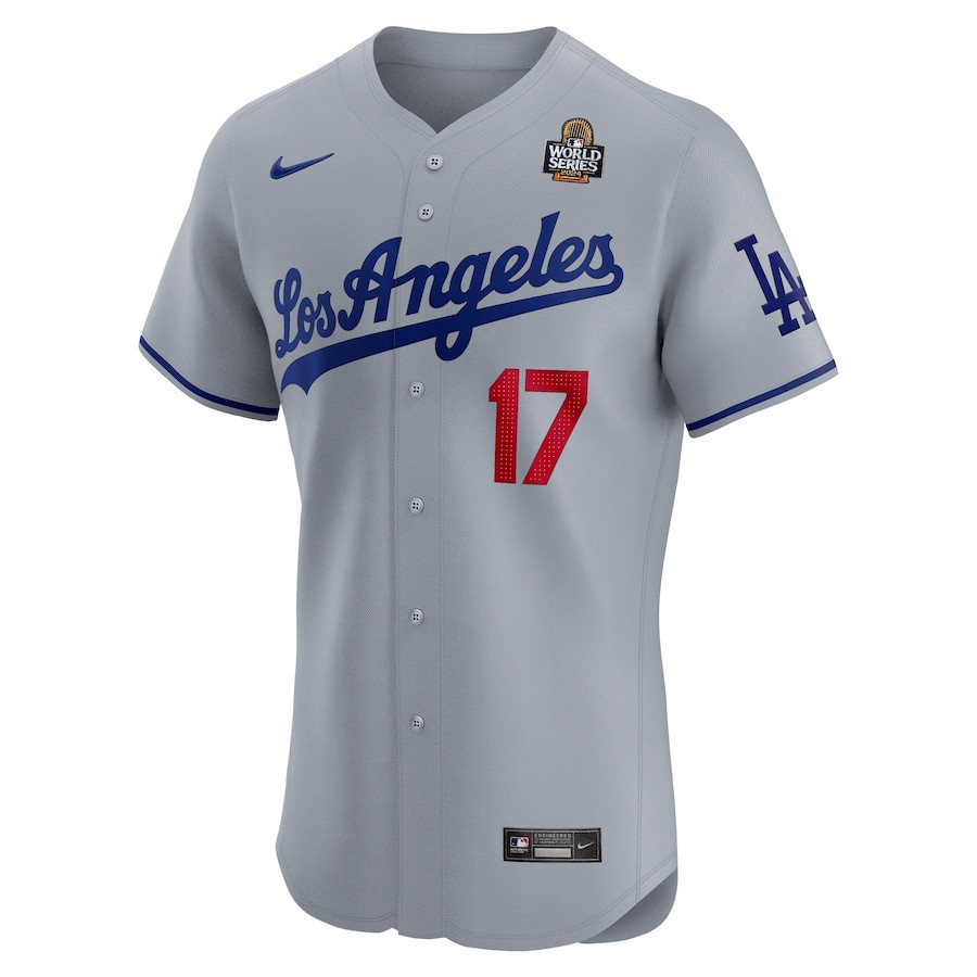 Alternative view of Shohei Ohtani 17 Los Angeles Dodgers 2024 World Series Road Elite Player Men Jersey - Gray 