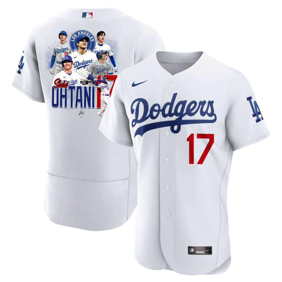 Shohei Ohtani 17 Los Angeles Dodgers Signed Collage Arts 2023 Home ELITE Men Jersey - White 