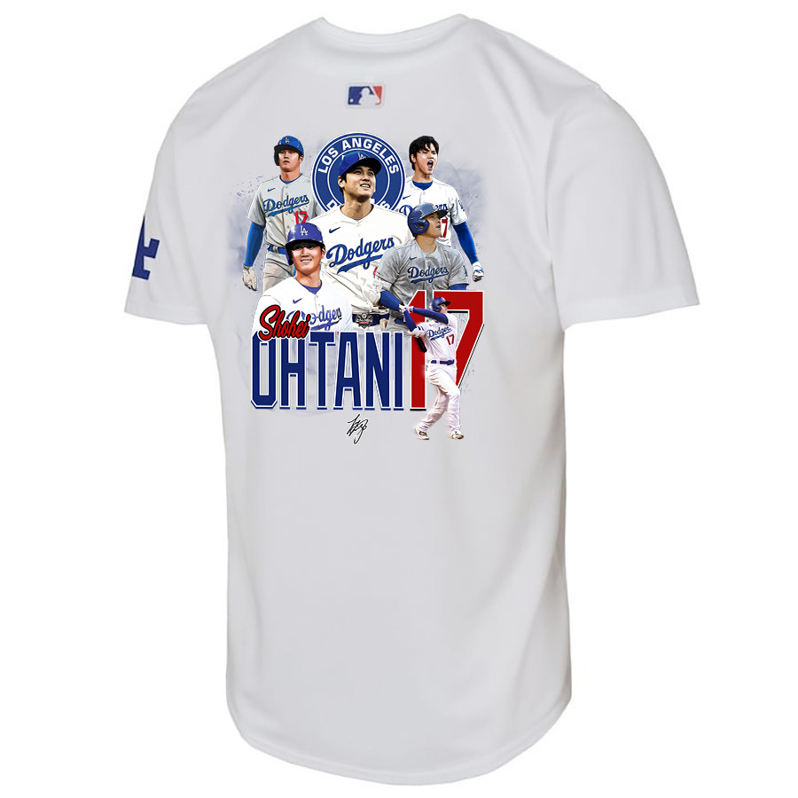 Alternative view of Shohei Ohtani 17 Los Angeles Dodgers Signed Collage Arts Youth Home Jersey - White 