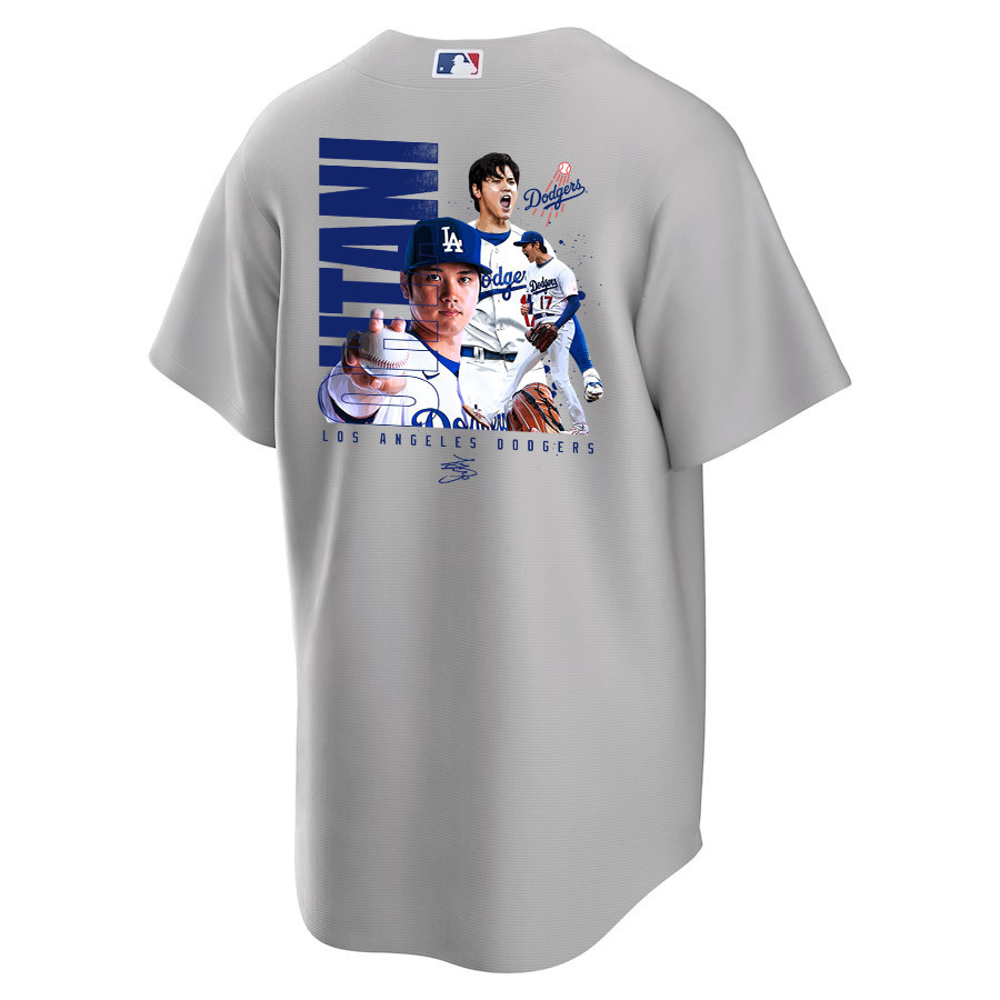 Alternative view of Shohei Ohtani 17 Los Angeles Dodgers Signed Name 2023 Road Men Jersey - Gray 