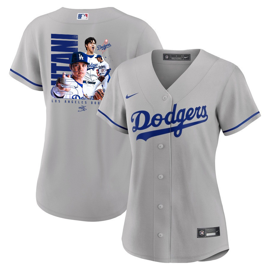 Shohei Ohtani 17 Los Angeles Dodgers Signed Name 2023 Road Women Jersey - Gray 