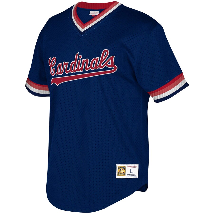 Alternative view of St. Louis Cardinals Mitchell & Ness Youth Cooperstown Collection Mesh Wordmark V-neck Jersey - Navy