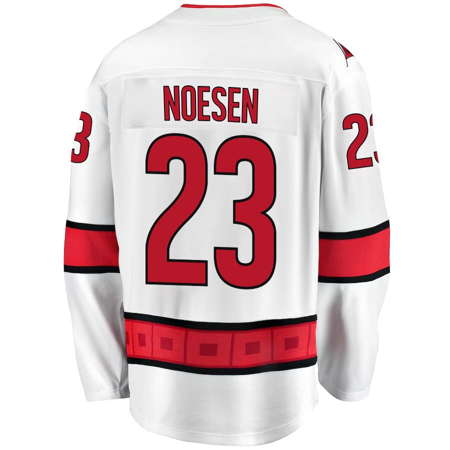 Alternative view of Stefan Noesen 23 Carolina Hurricanes Stanley Cup 2023 Playoffs Patch Away Breakaway Men Jersey - White - JS588 