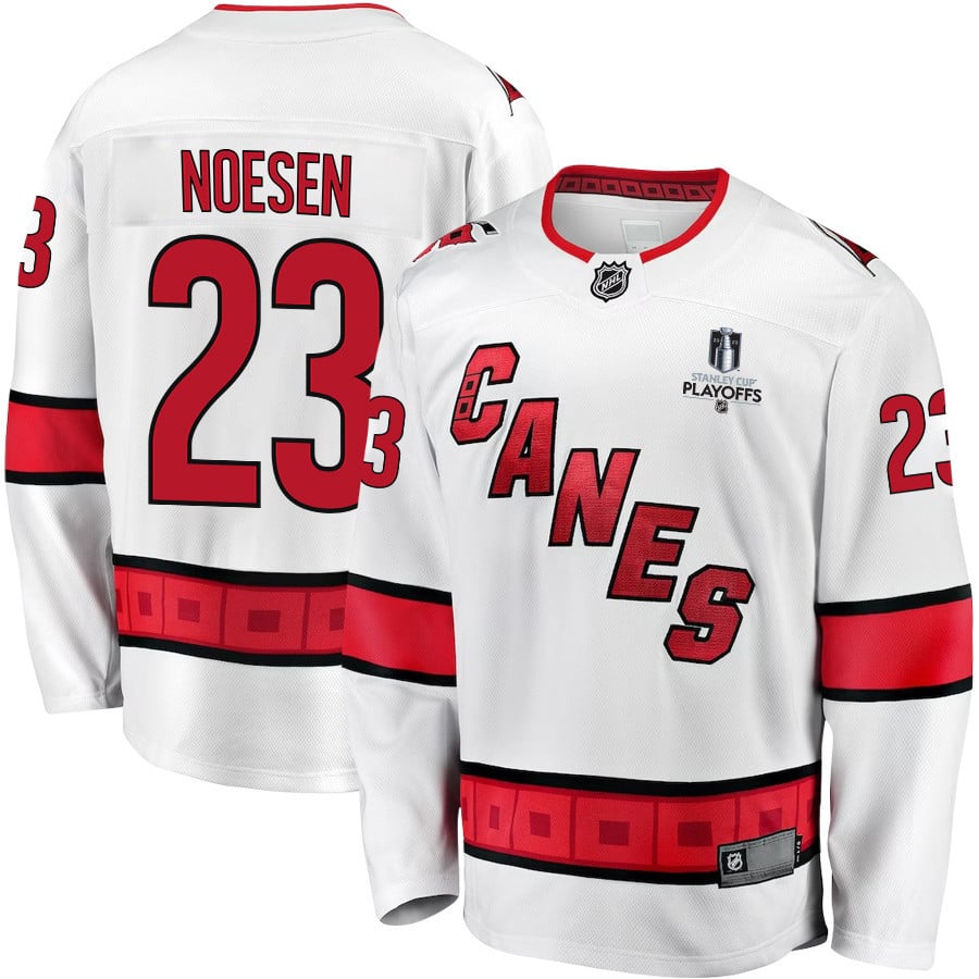 Stefan Noesen 23 Carolina Hurricanes Stanley Cup 2023 Playoffs Patch Away Breakaway Men Jersey - White - JS588 