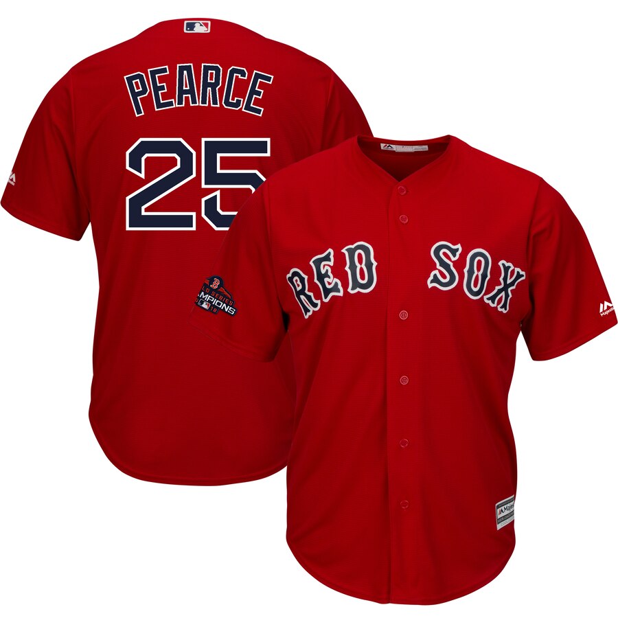 Steve Pearce Boston Red Sox Majestic 2018 World Series Champions Team Logo Player Jersey – Scarlet