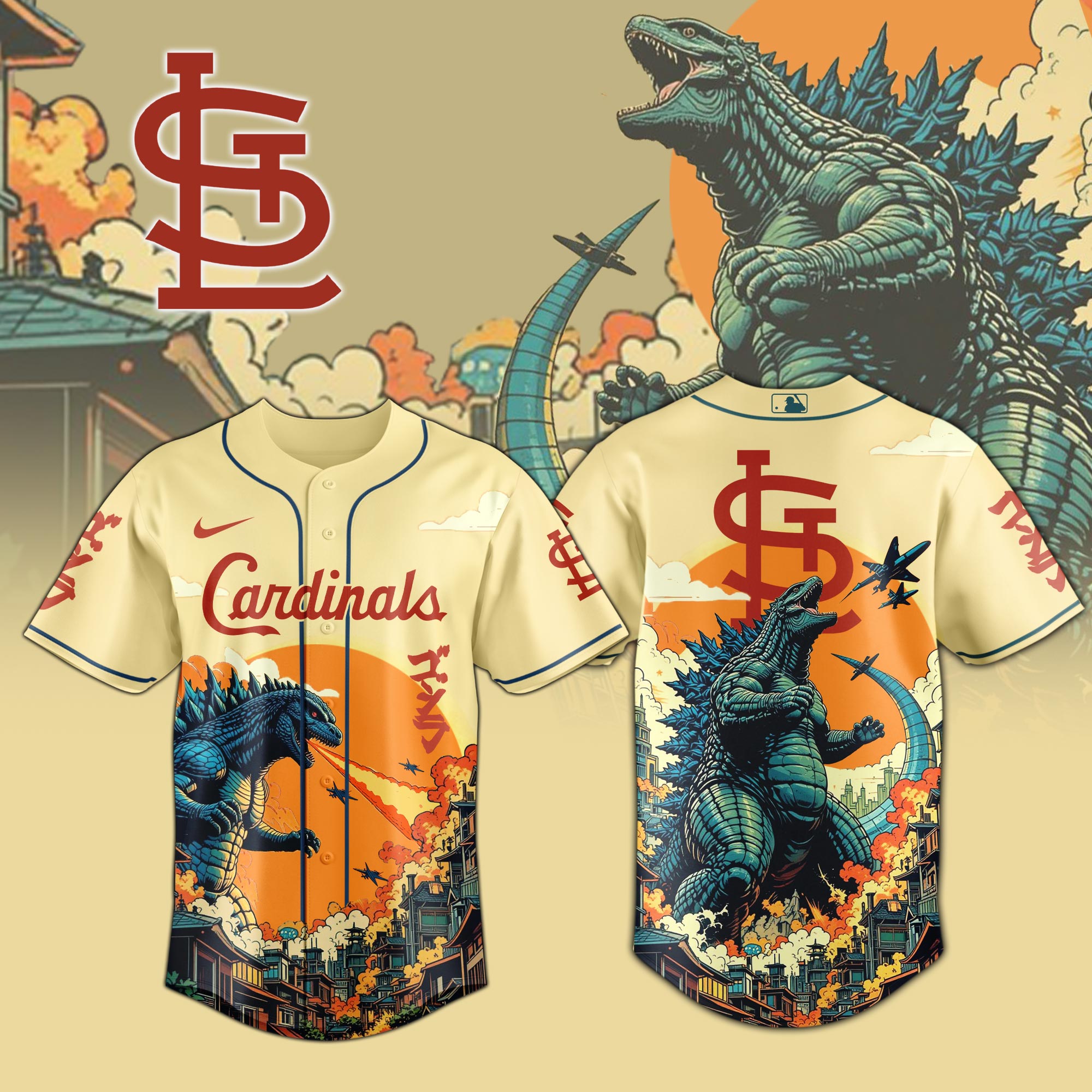 St.louis Cardinals Mlb X Godzilla Attack Custom Baseball Jersey