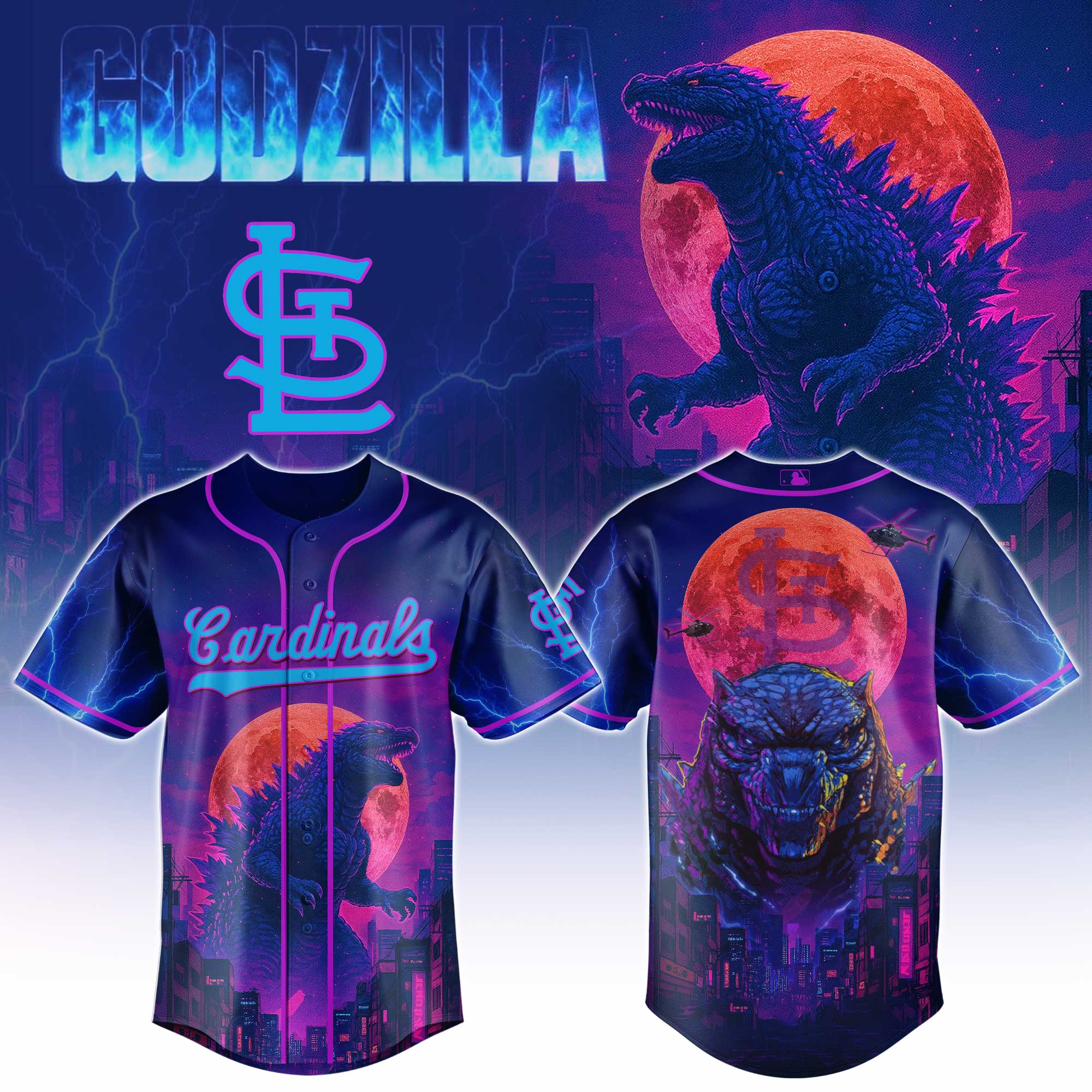 St.louis Cardinals Mlb X Godzilla Neon City Custom Baseball Jersey