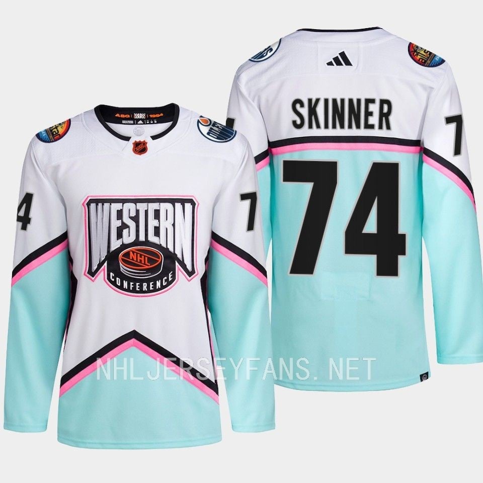 Alternative view of Stuart Skinner 74 Edmonton Oilers 2023 All-Star Game Jersey White Equipment - JS119 