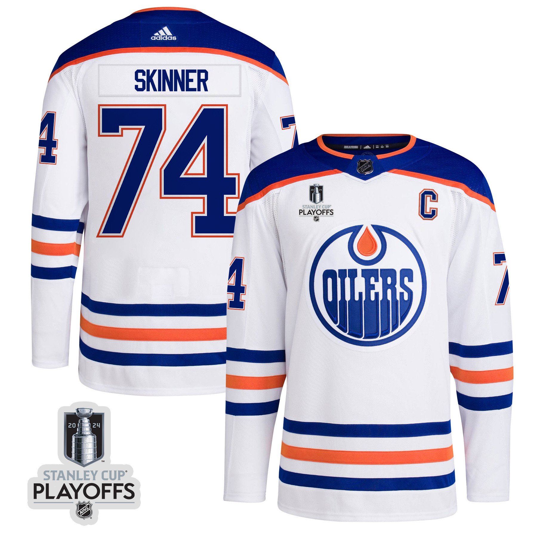 Stuart Skinner 74 Edmonton Oilers 2024 NHL Playoffs Patch Away Jersey - Men, White - JS597 