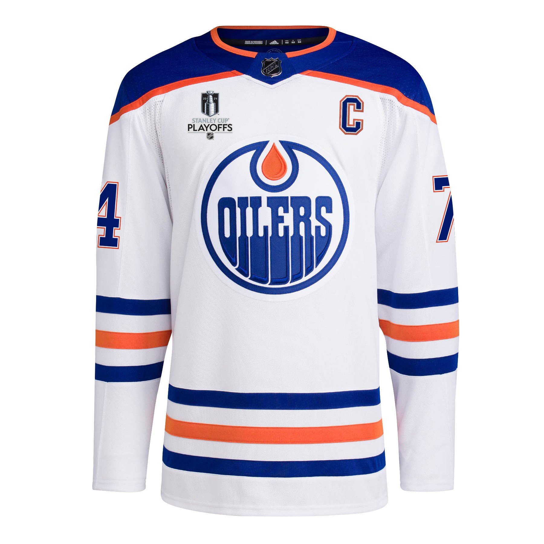 Alternative view of Stuart Skinner 74 Edmonton Oilers 2024 NHL Playoffs Patch Away Jersey - Men, White - JS597 
