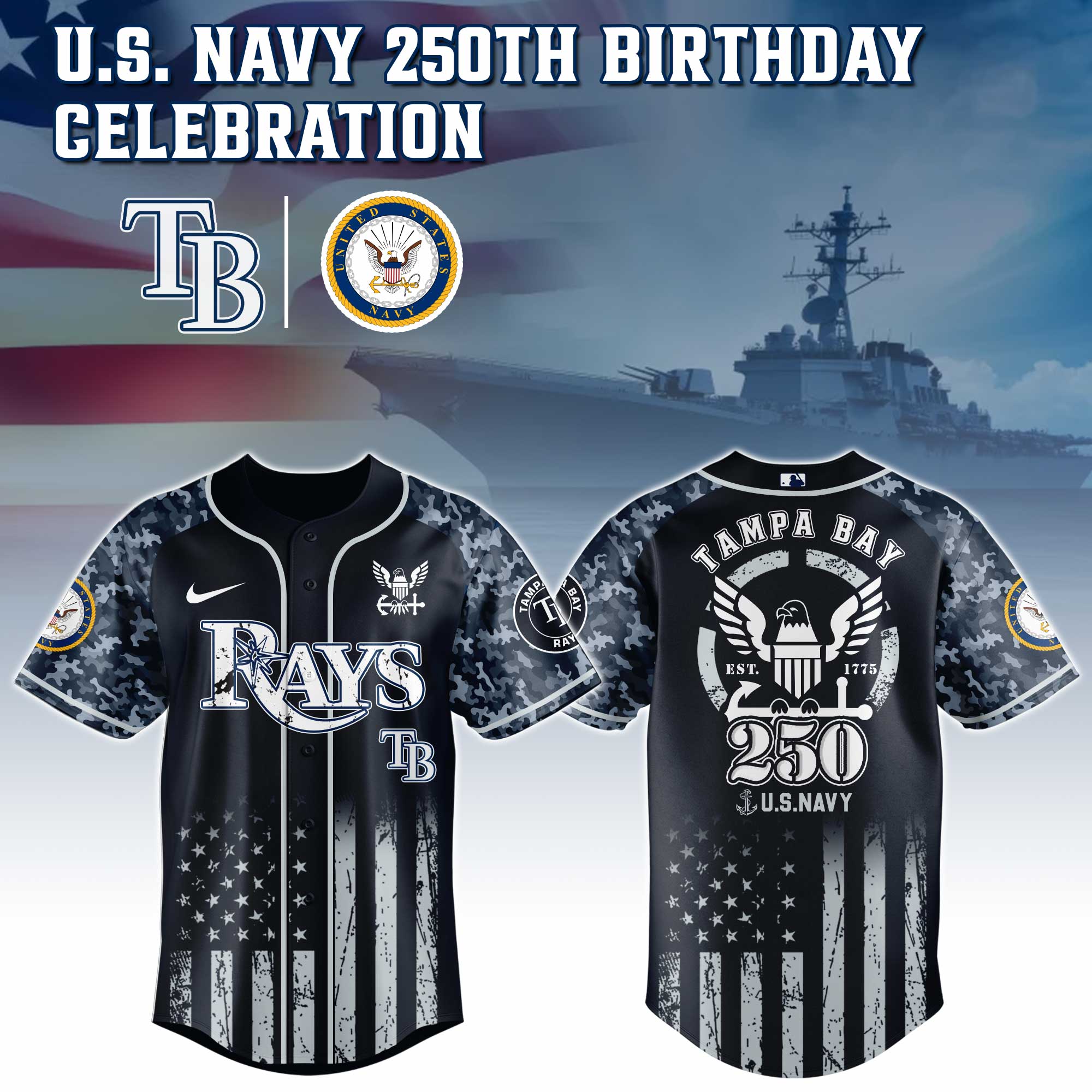 Tampa Bay Rays Mlb X 250 U.s. Navy Custom Baseball Jersey