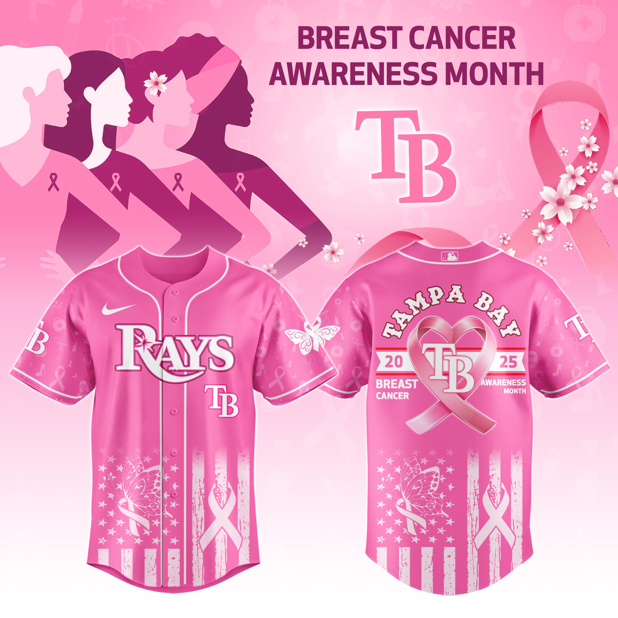 Tampa Bay Rays Mlb X Breast Cancer Awareness Month Custom Baseball Jersey