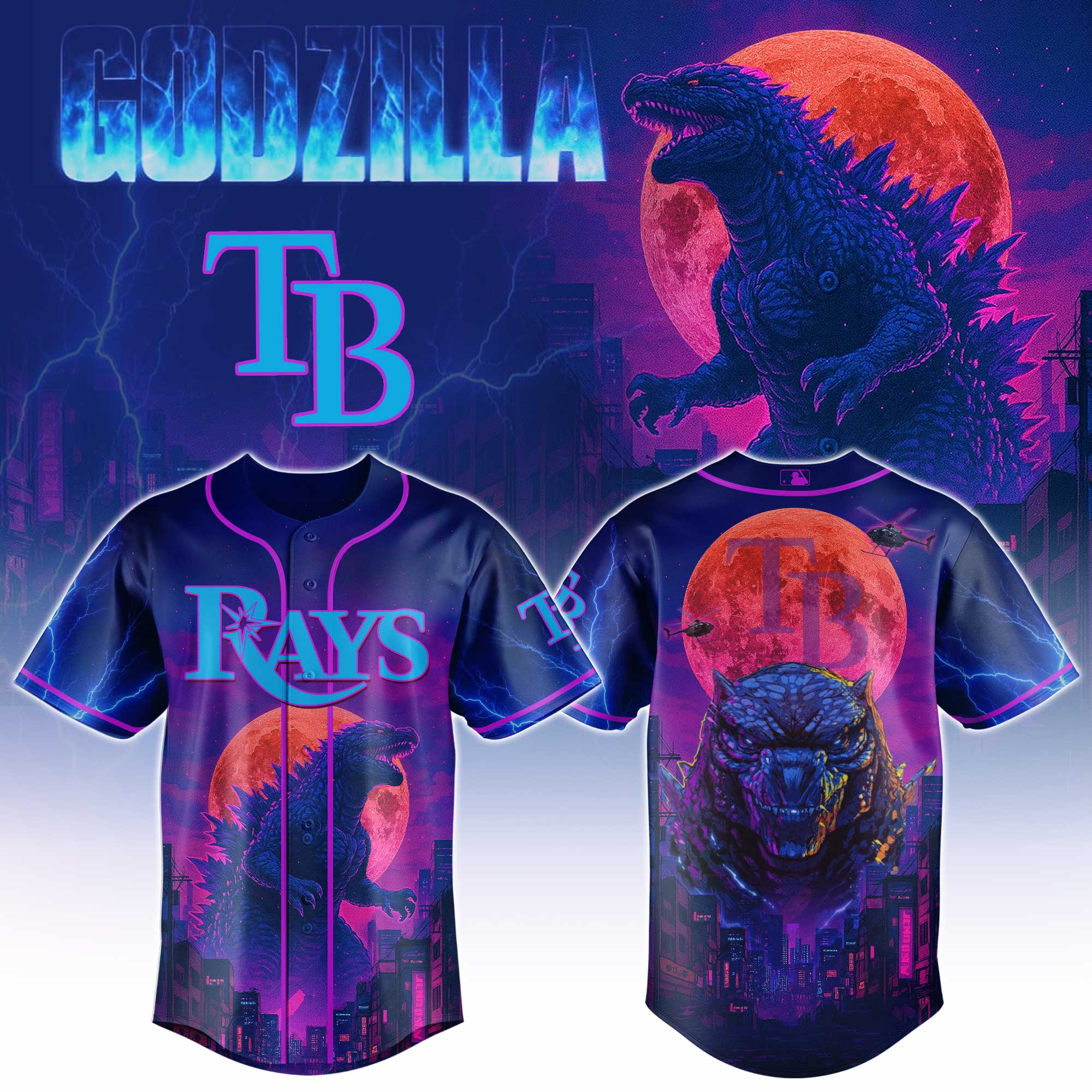 Tampa Bay Rays Mlb X Godzilla Neon City Custom Baseball Jersey