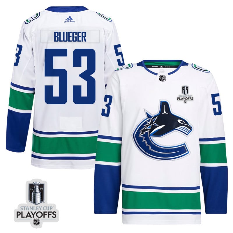 Teddy Blueger 53 Vancouver Canucks 2024 NHL Playoffs Patch Away Jersey - Men, White - JS399 