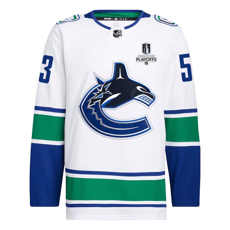 Alternative view of Teddy Blueger 53 Vancouver Canucks 2024 NHL Playoffs Patch Away Jersey - Men, White - JS399 