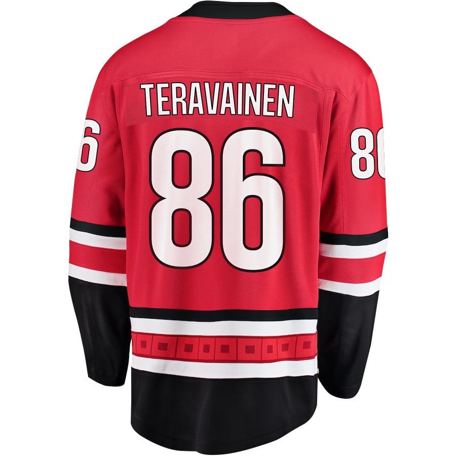 Alternative view of Teuvo Teravainen 86 Carolina Hurricanes Stanley Cup 2023 Playoffs Patch Home Breakaway Men Jersey - Red - JS329 