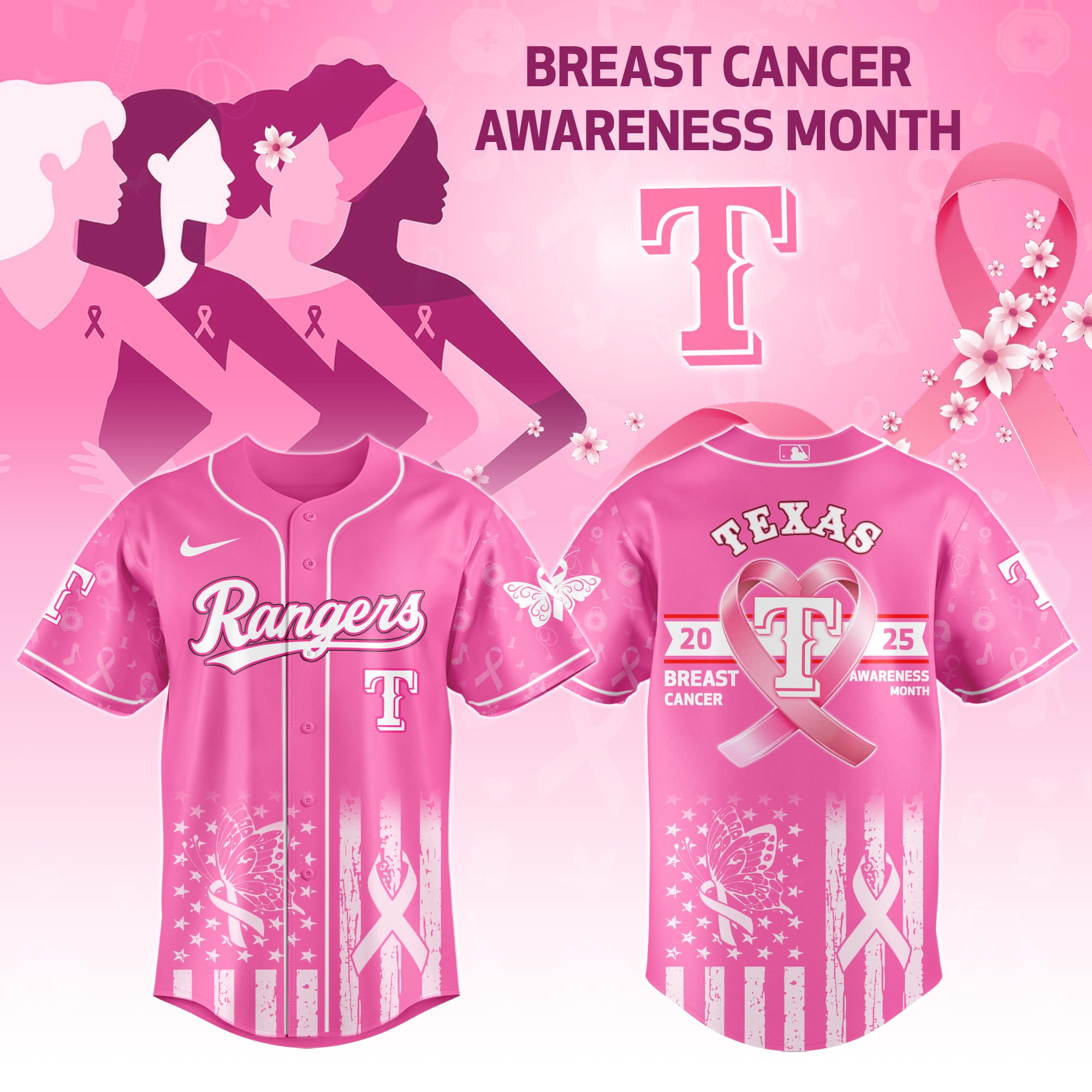 Texas Rangers Mlb X Breast Cancer Awareness Month Custom Baseball Jersey