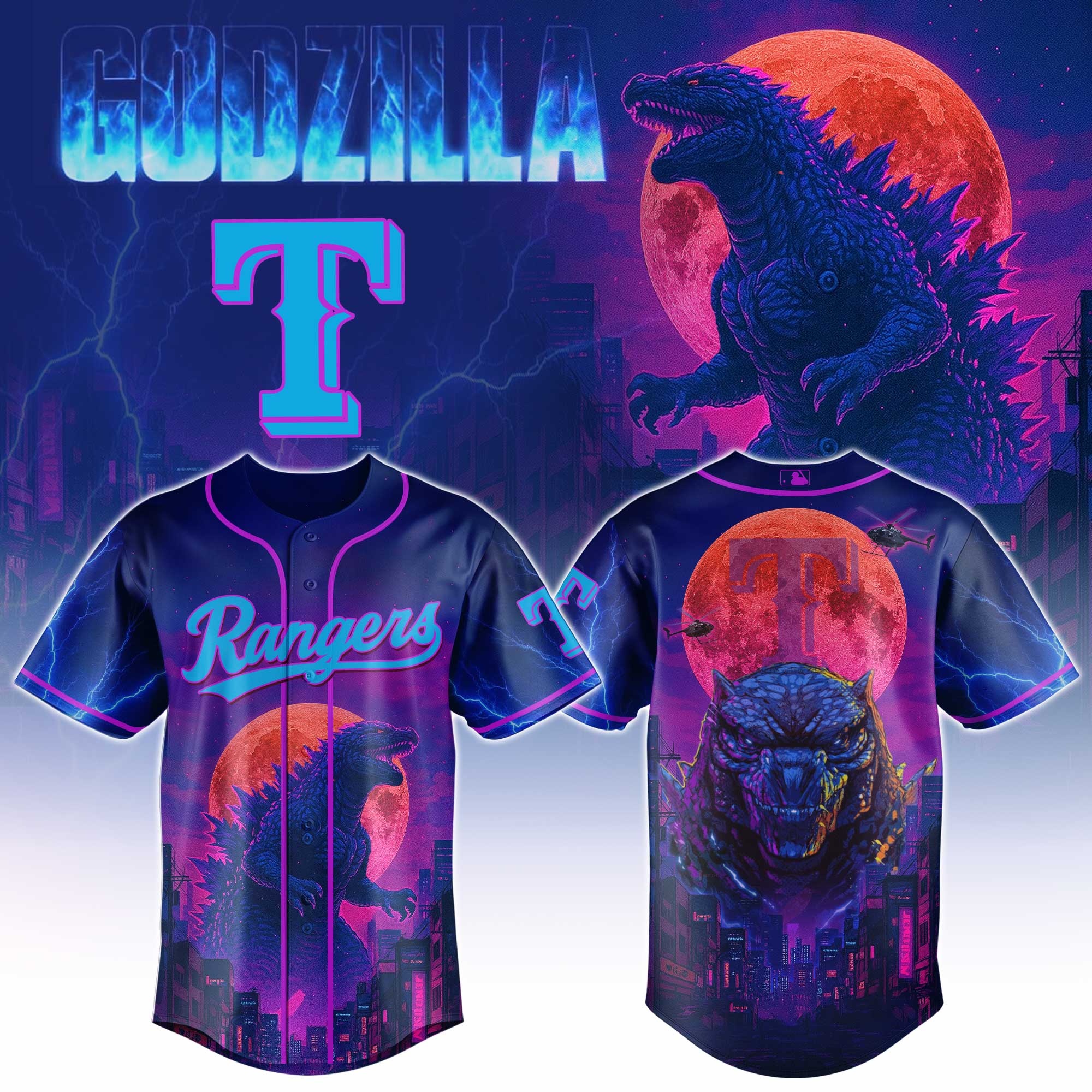 Texas Rangers Mlb X Godzilla Neon City Custom Baseball Jersey