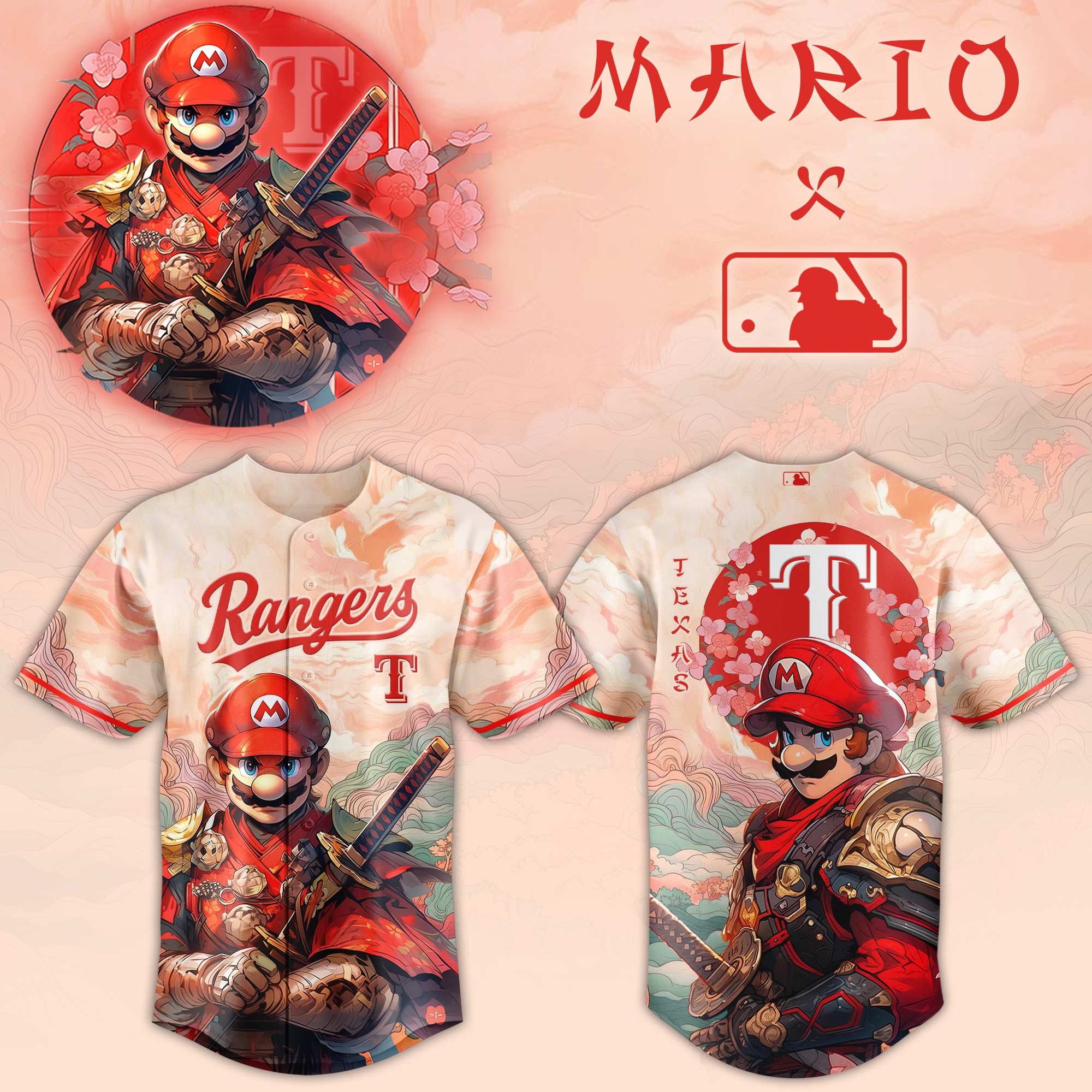 Texas Rangers Mlb X Super Mario Samurai Hero Custom Baseball Jersey