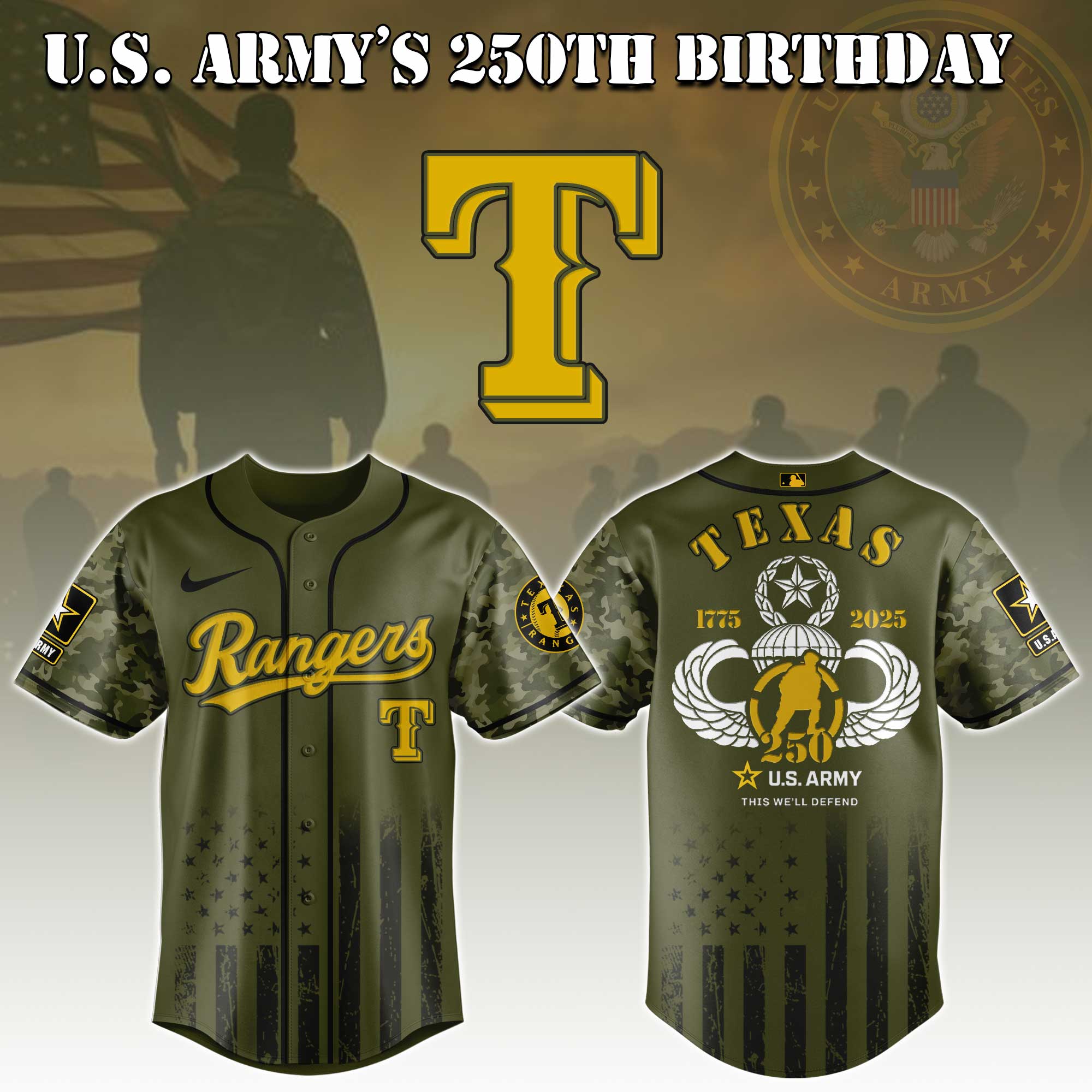 Texas Rangers Mlb X U.s. Army This We'll Defend Custom Baseball Jersey
