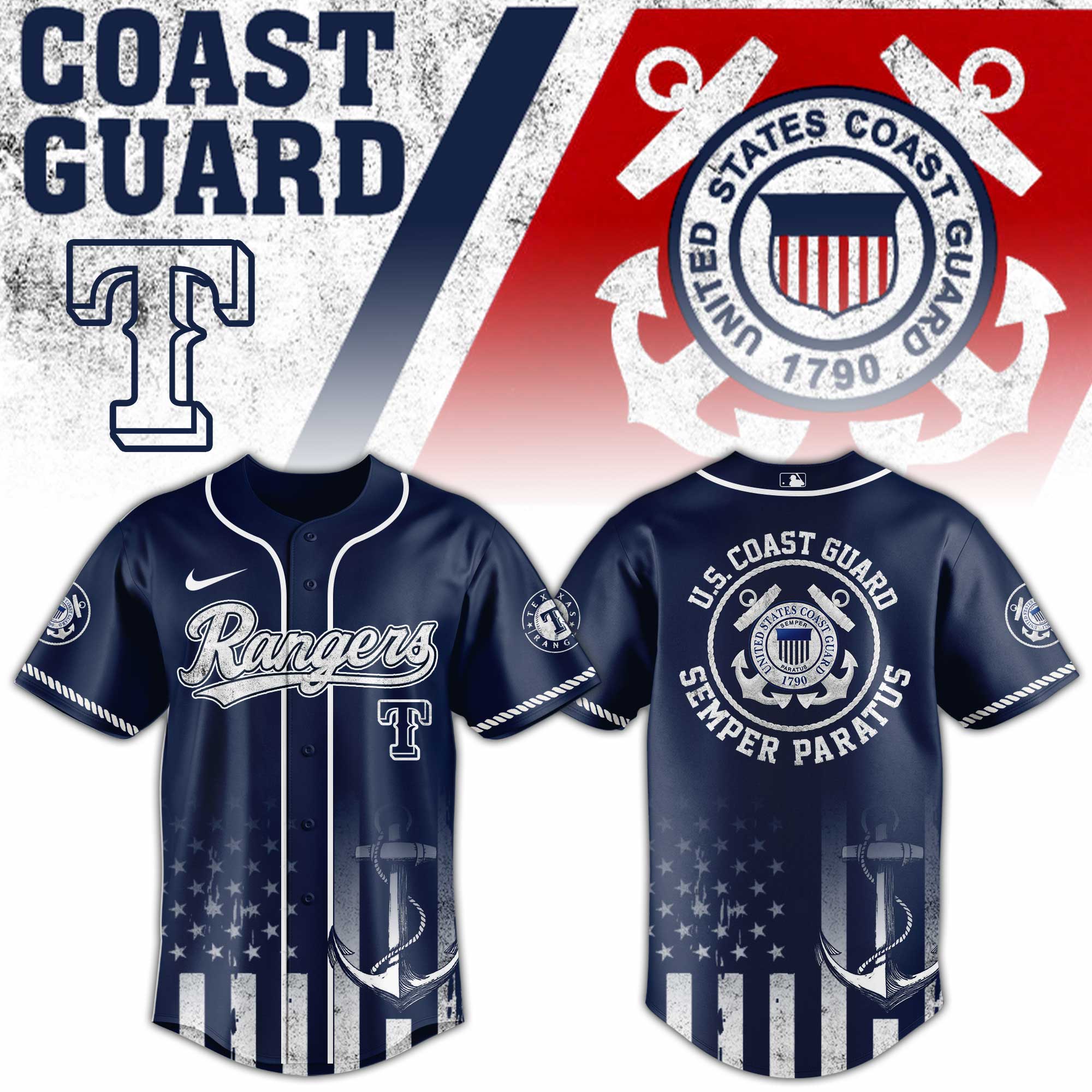 Texas Rangers Mlb X Usa Coast Guard Custom Baseball Jersey