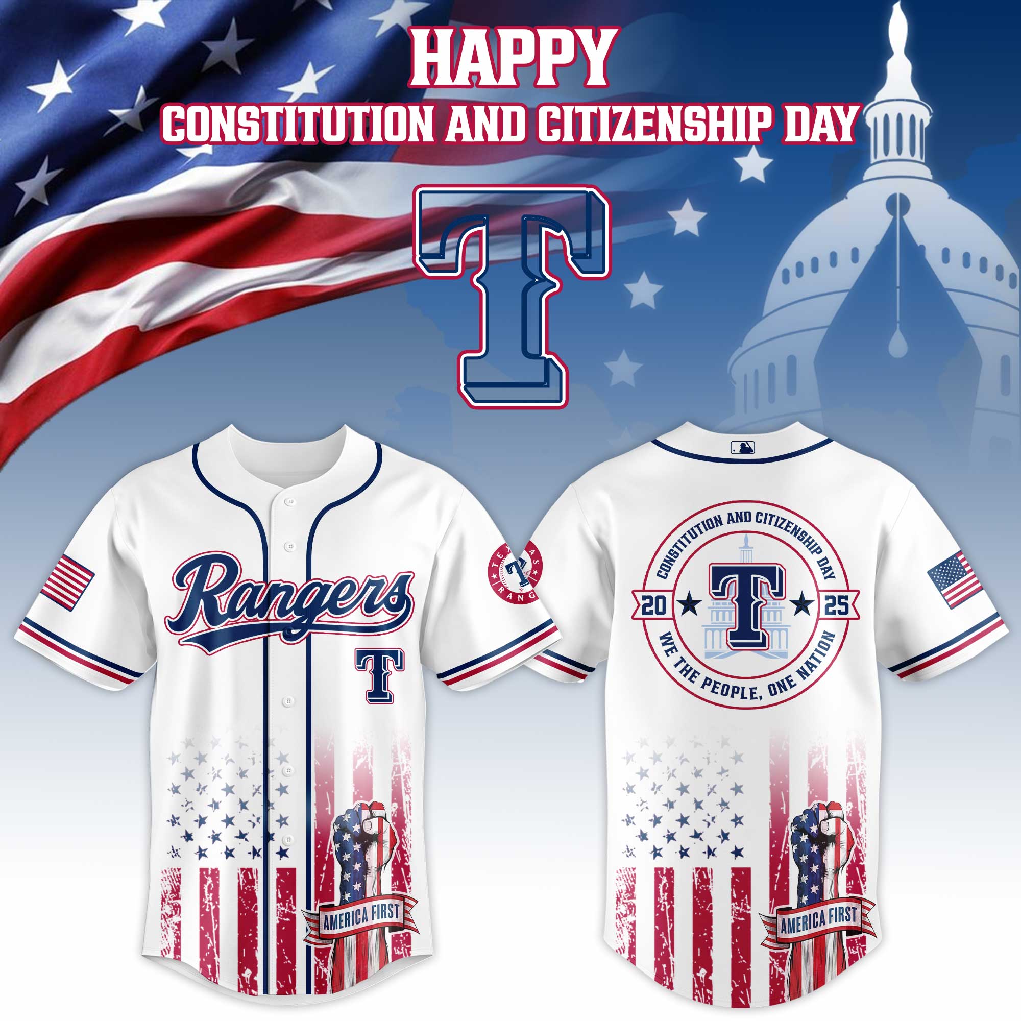 Texas Rangers Mlb X Usa Happy Constitution And Citizenship Day Custom Baseball Jersey