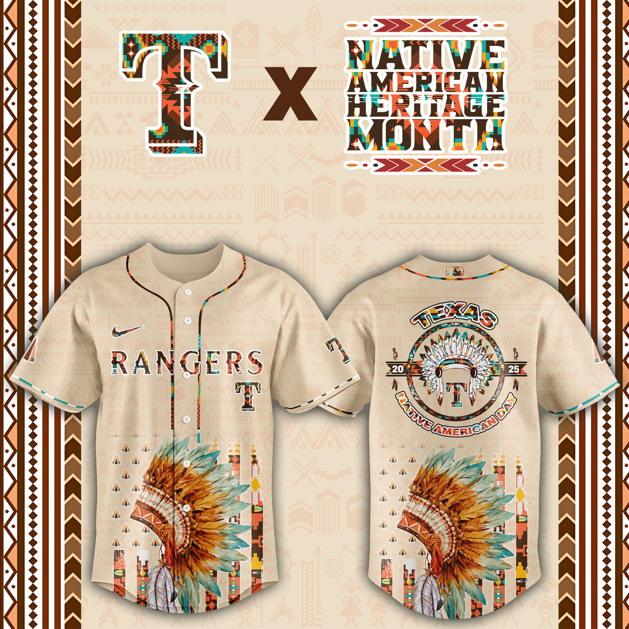 Texas Rangers Native American Heritage Month Custom Baseball Jersey